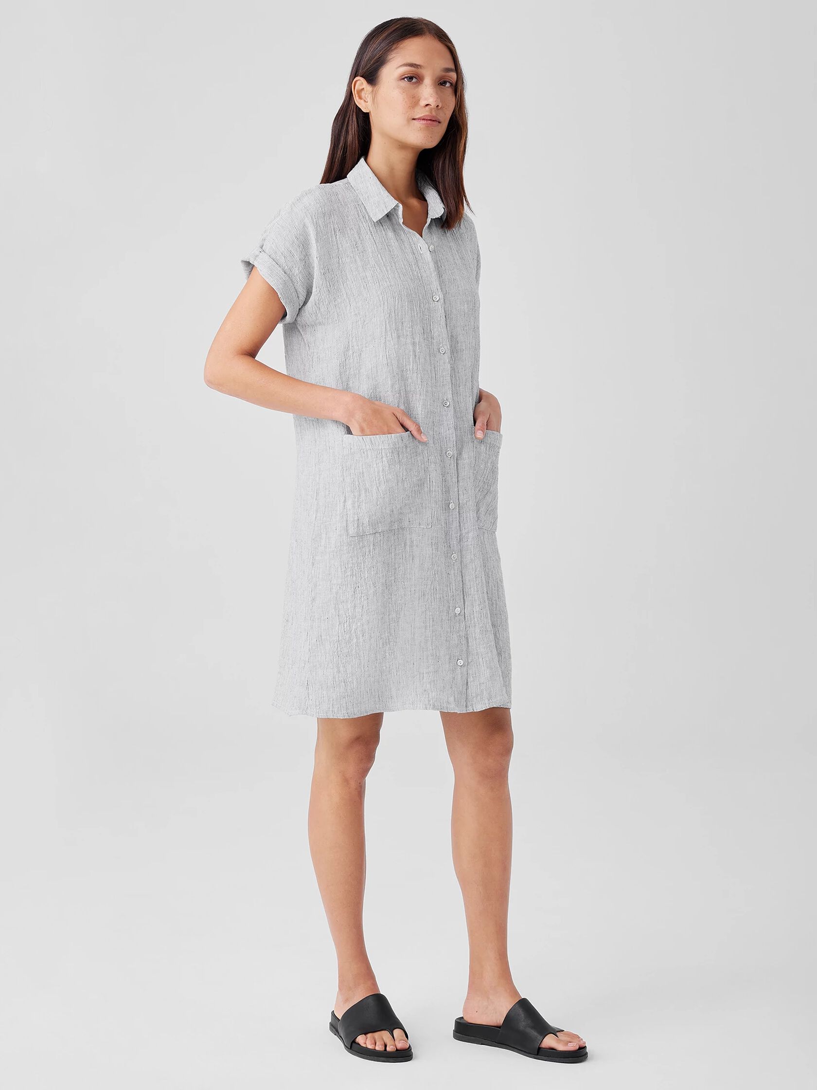 Crinkled Organic Linen Stripe Shirtdress