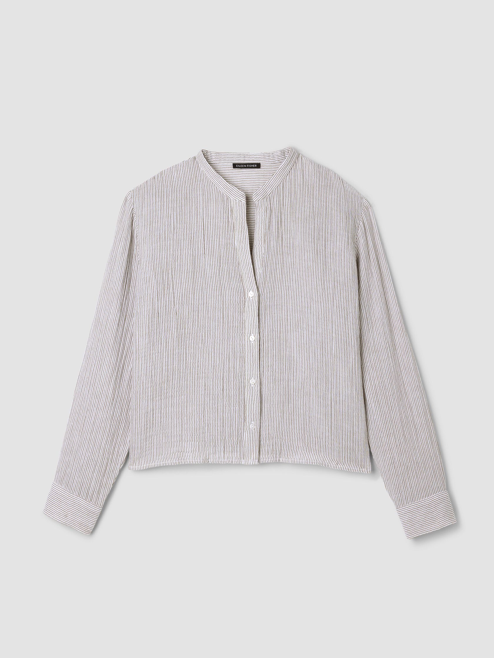 Striped Organic Cotton Gauze Band Collar Shirt