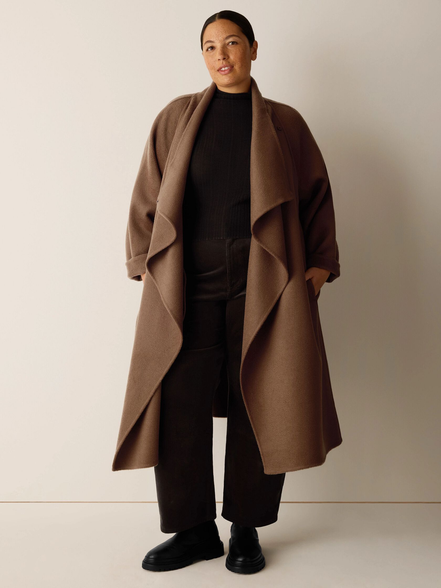 Lustrous Wool Drape Neck Coat