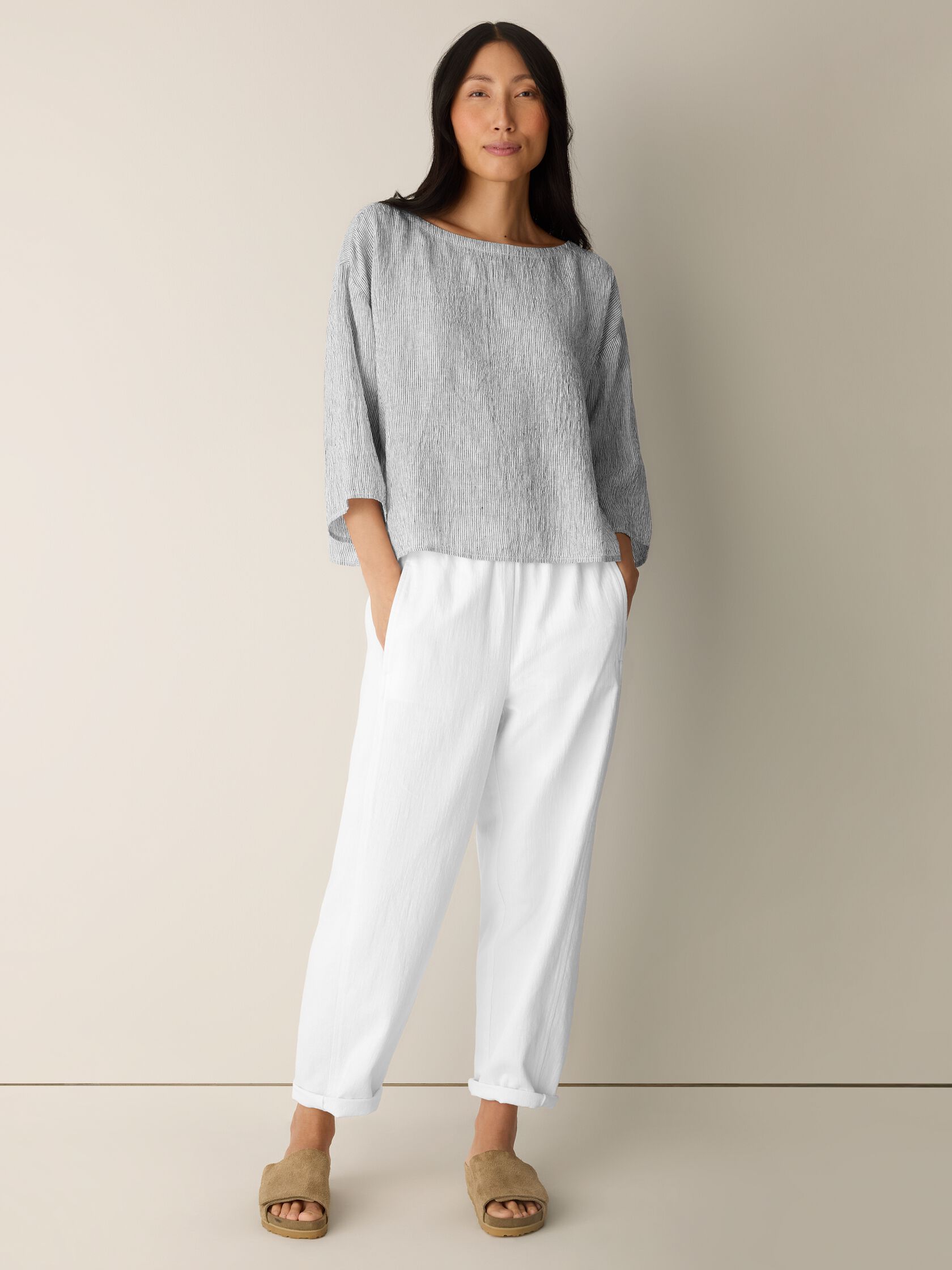 Puckered Organic Linen Stripe Box-Top