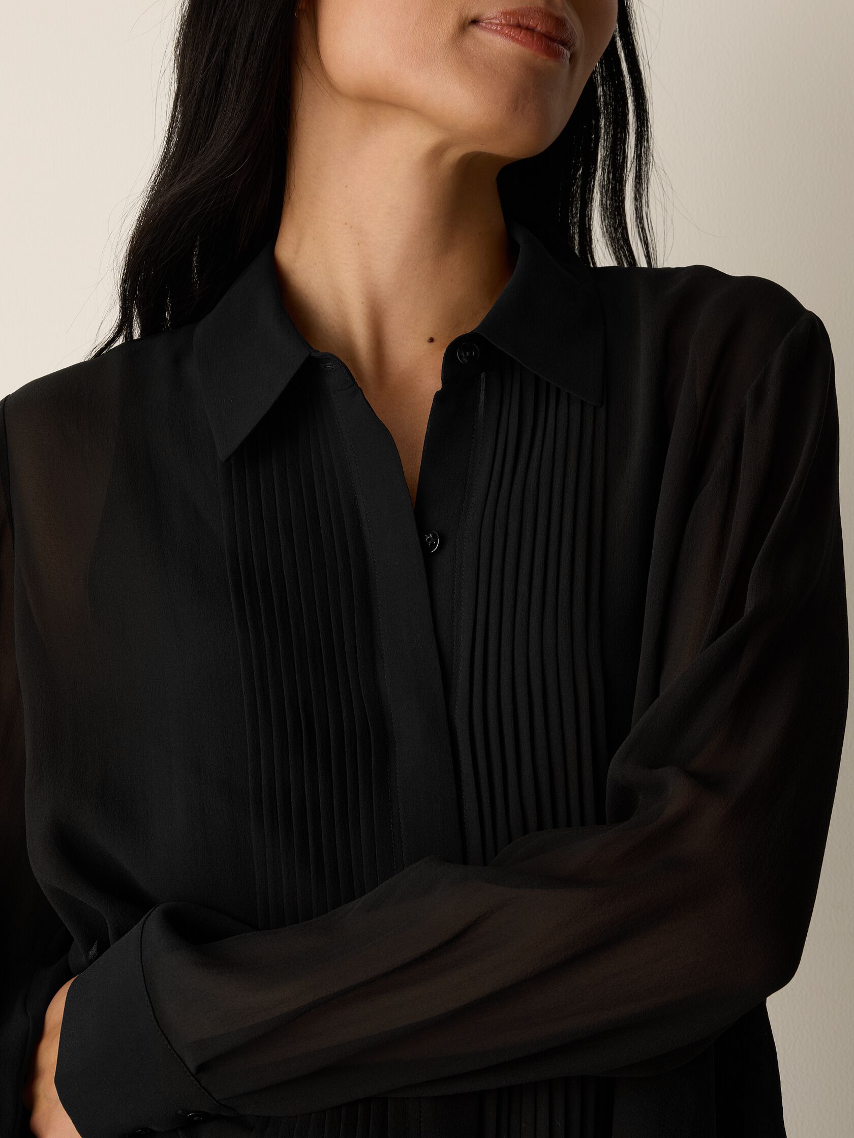 Sheer Silk Georgette Classic Collar Pintuck Shirt