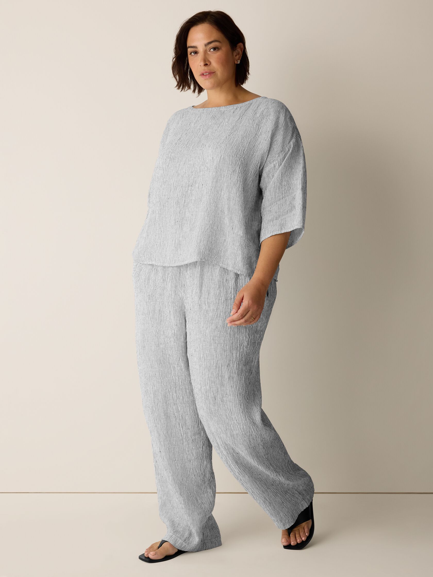 Puckered Organic Linen Stripe Box-Top