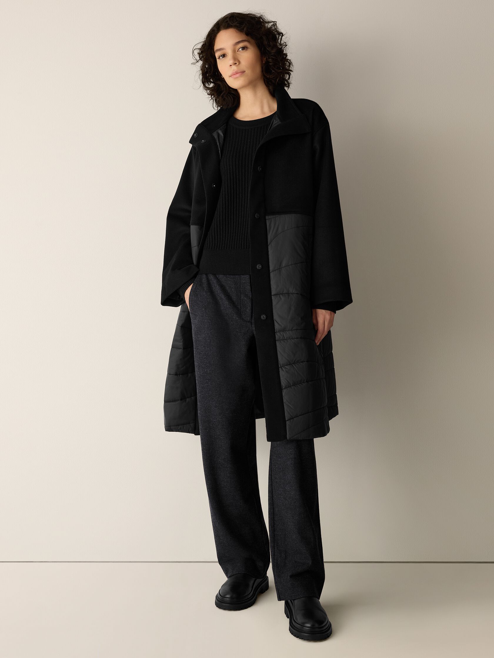 Eggshell Recycled Nylon Stand Collar Coat