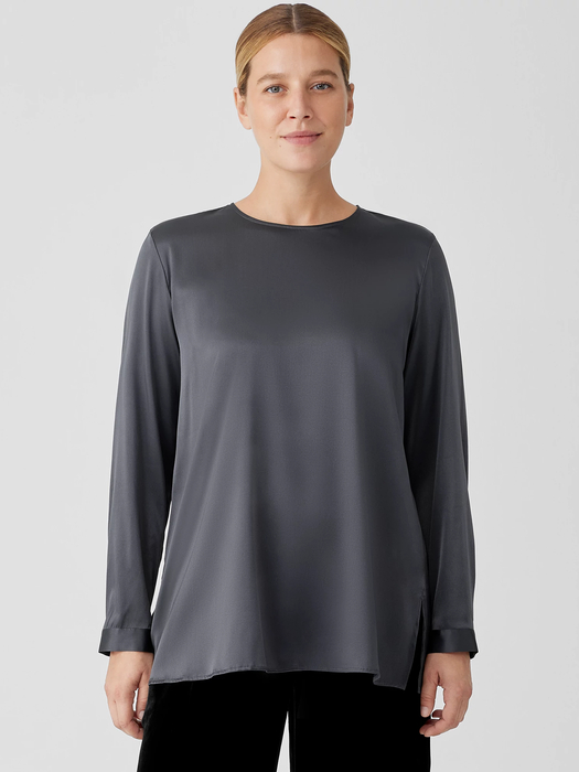 Stretch Silk Charmeuse Round Neck Top