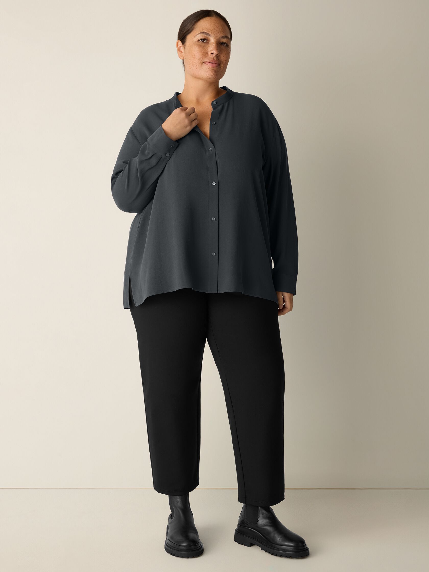 Silk Georgette Crepe Band Collar Top