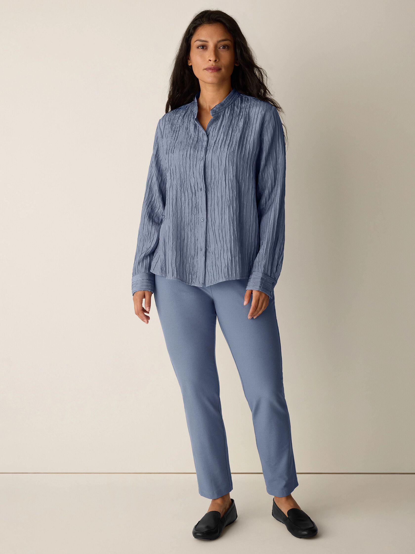 Textured Silk Jacquard Band Collar Shirt