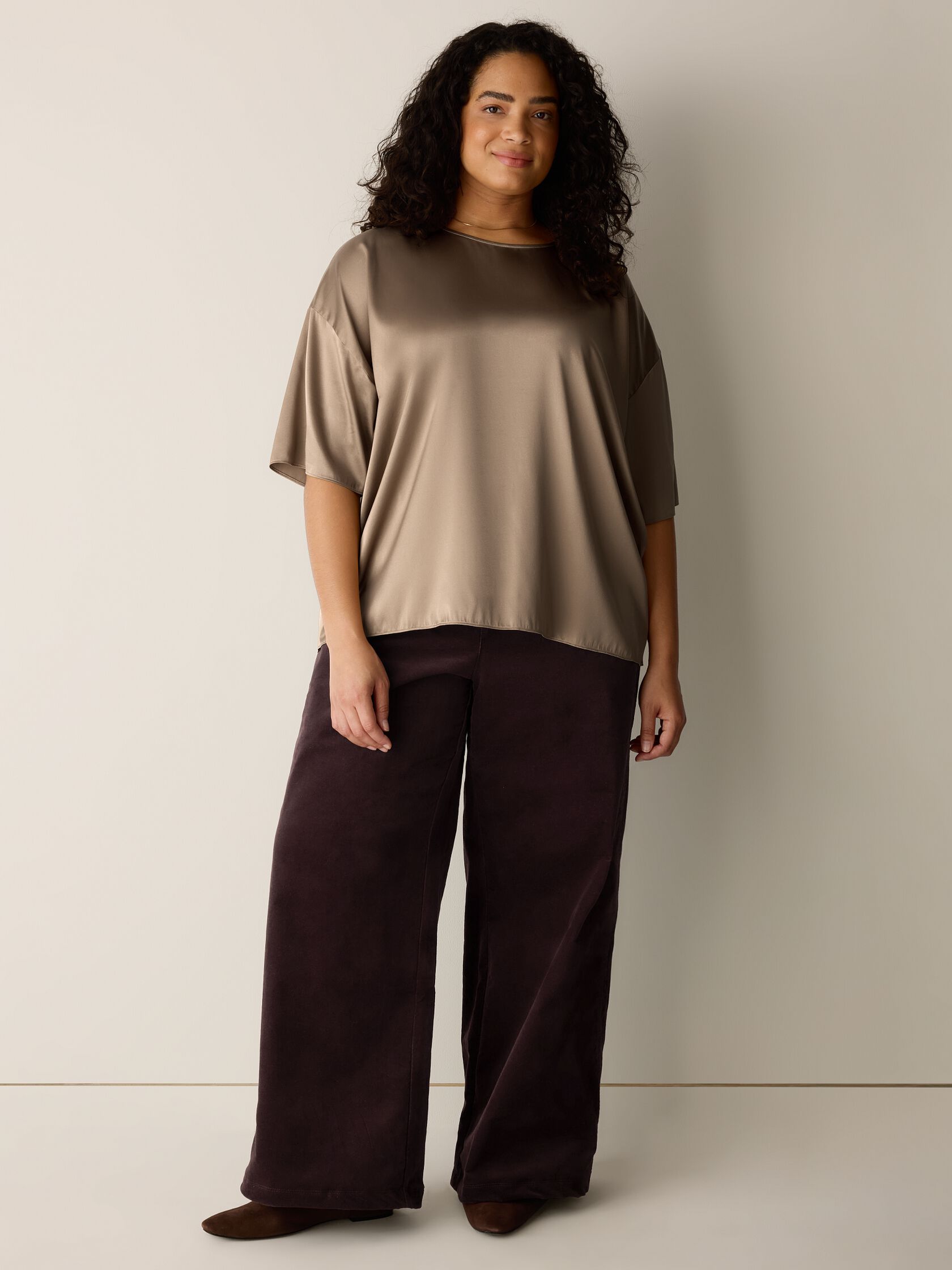 Stretch Silk Charmeuse Round Neck Top