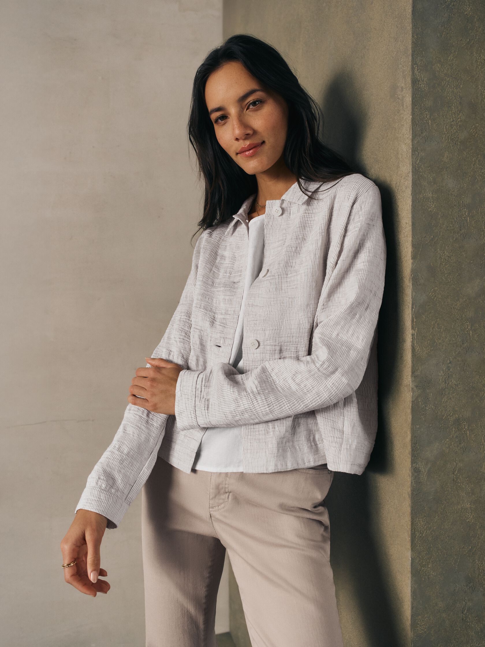 Striped Linen Sheen Classic Collar Jacket