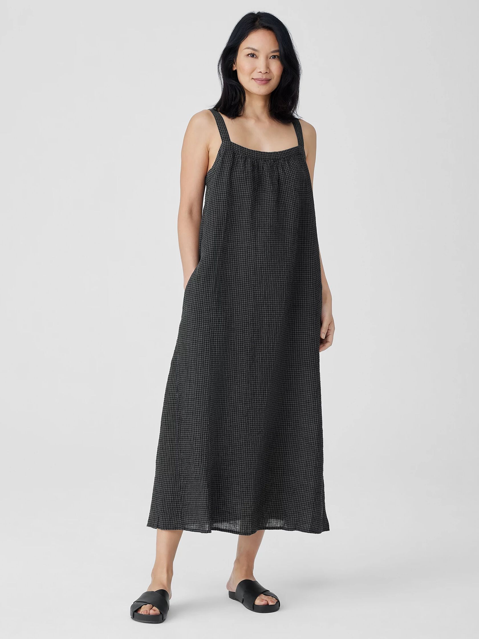 Puckered Organic Linen Square Neck Dress