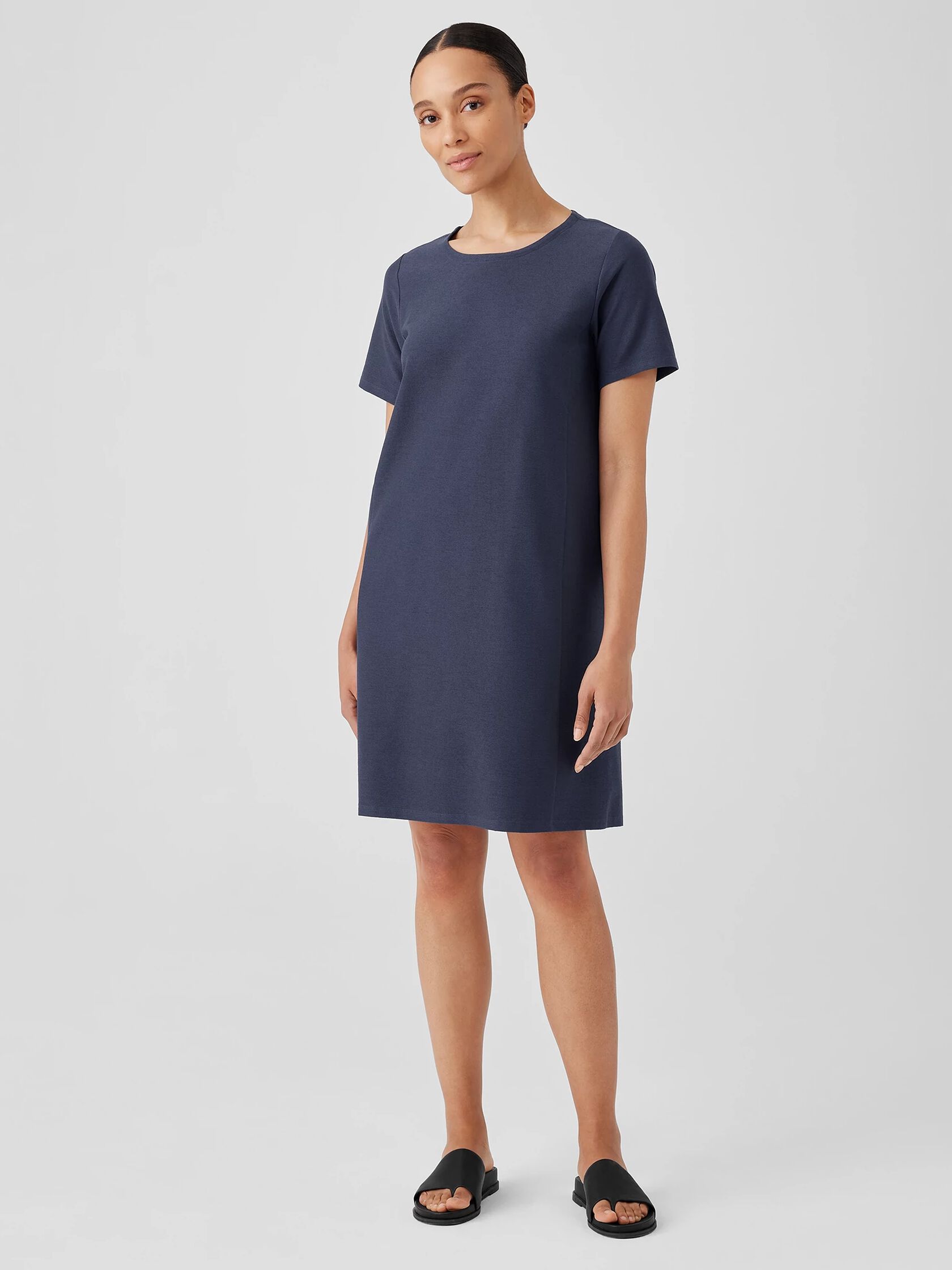 Washable Stretch Crepe Jewel Neck Dress