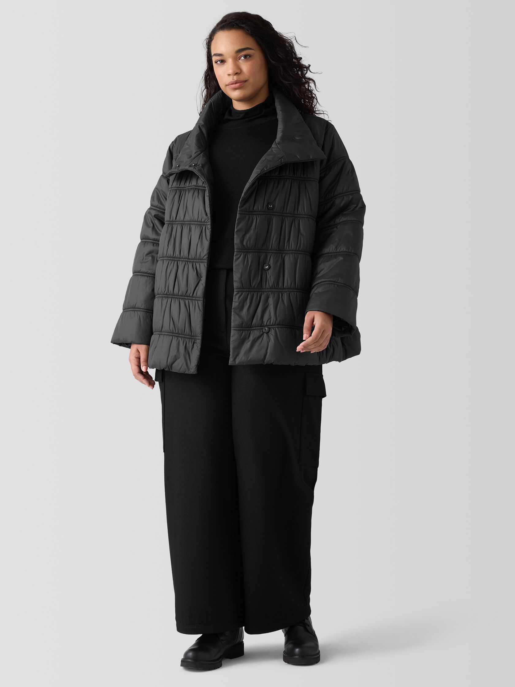 Eggshell Recycled Nylon Stand Collar Short Coat