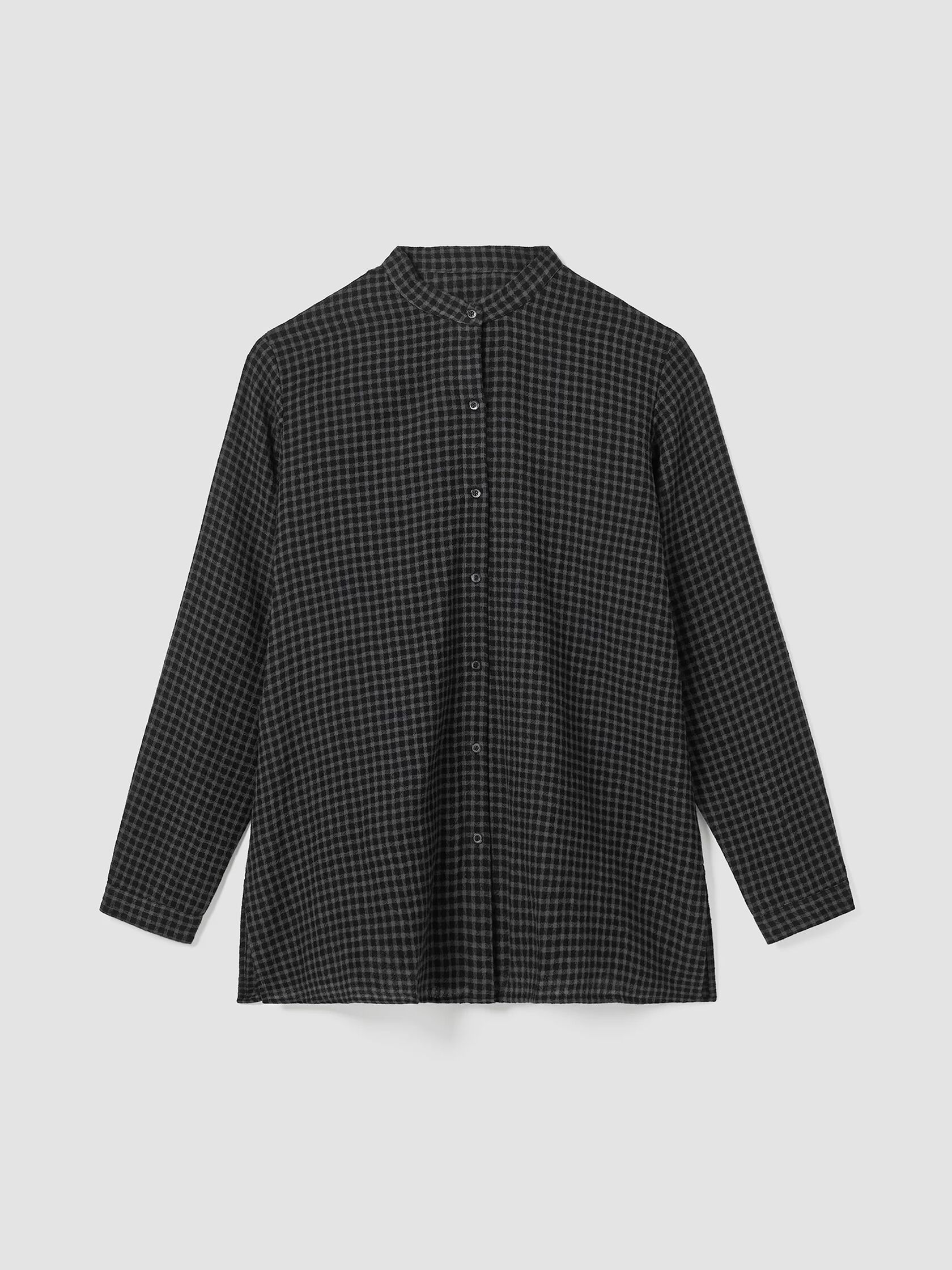 Wool Cotton Check Mandarin Collar Long Shirt