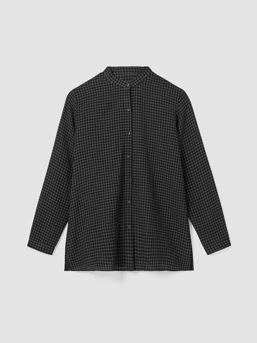 Wool Cotton Check Mandarin Collar Long Shirt
