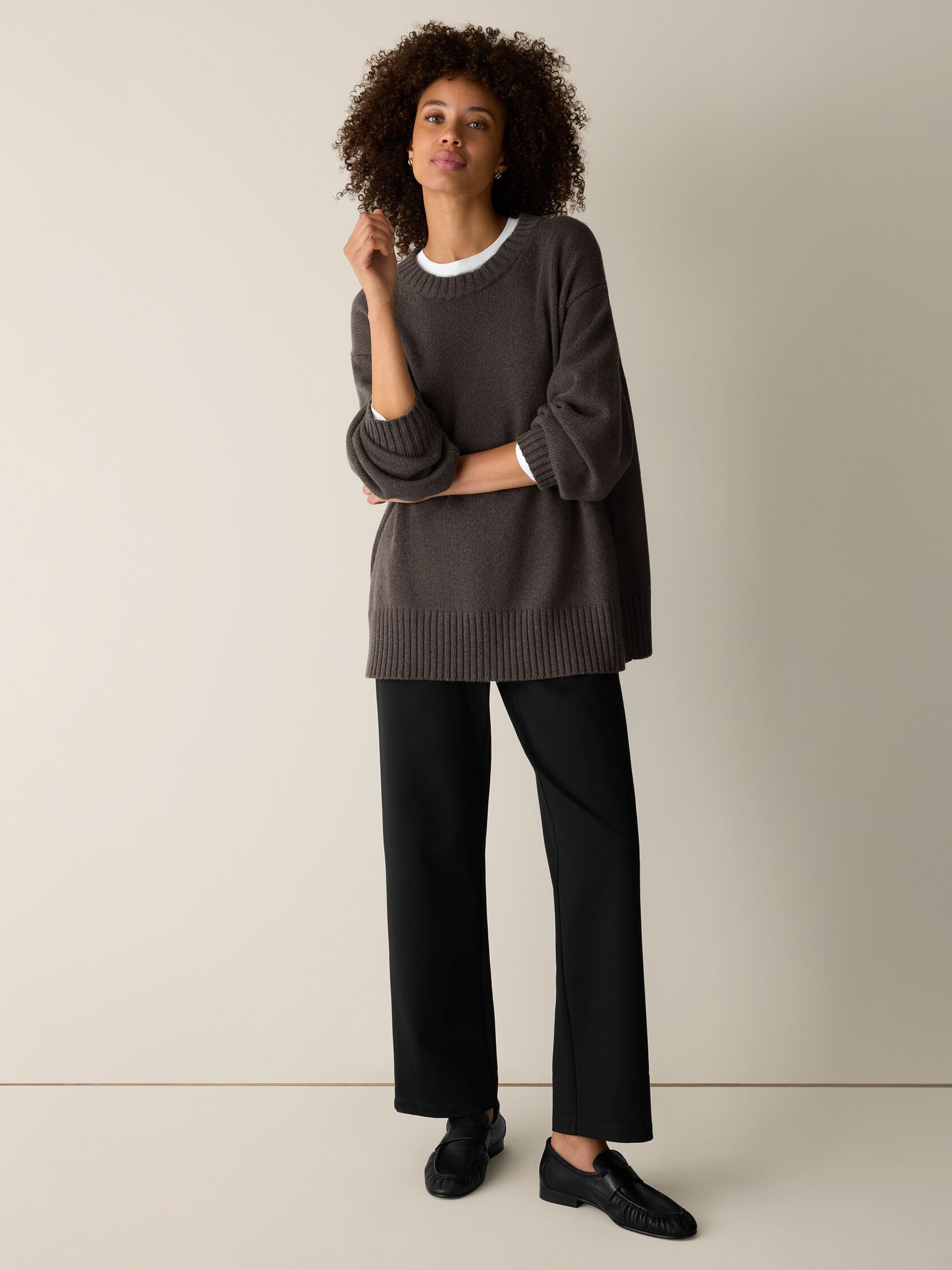 Cotton & Recycled Cashmere Crew Neck Long Top