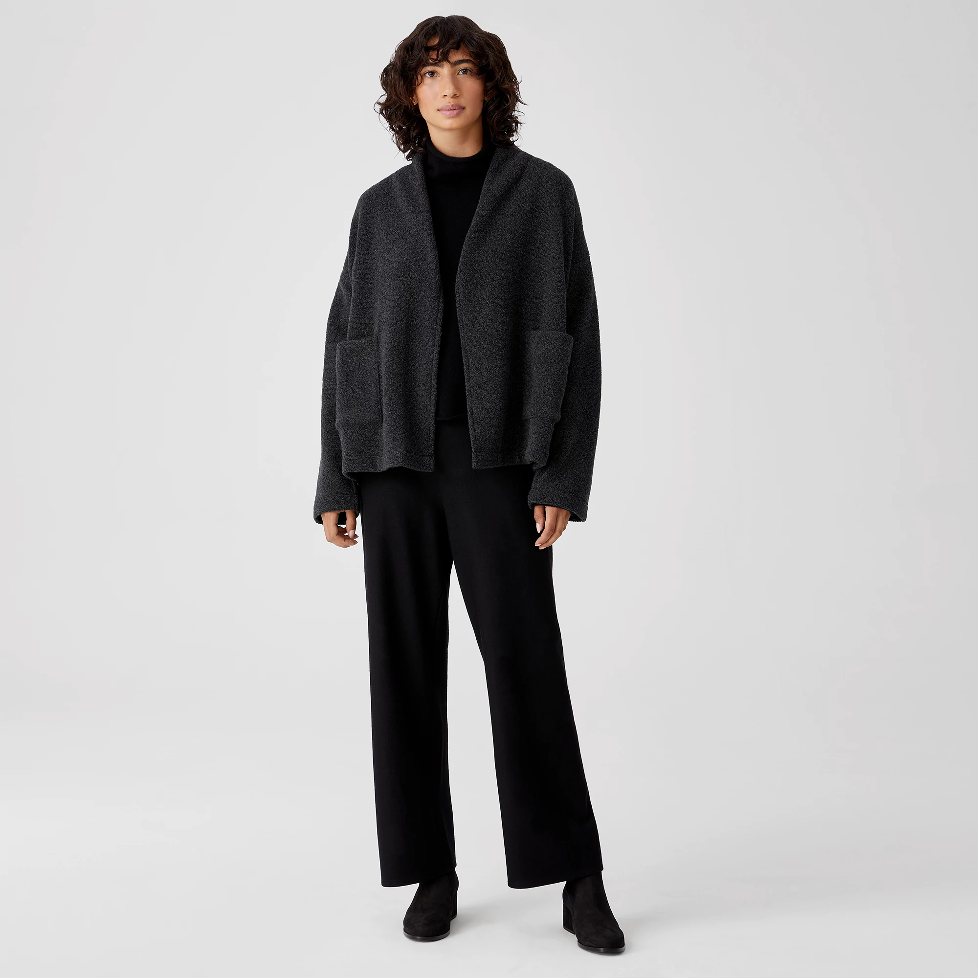 Boucle Wool Knit High Collar Jacket 