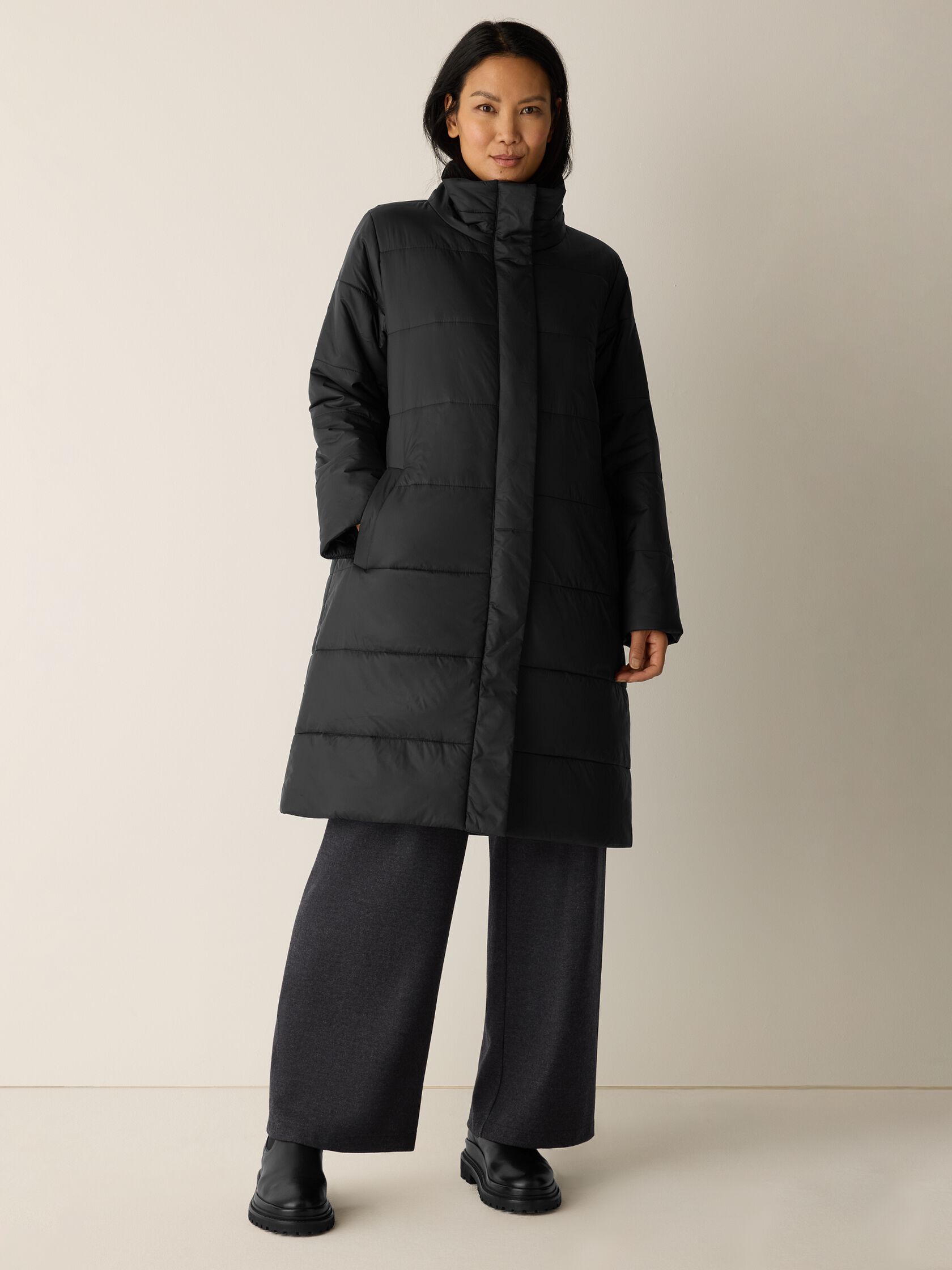 Eggshell Recycled Nylon Stand Collar Coat