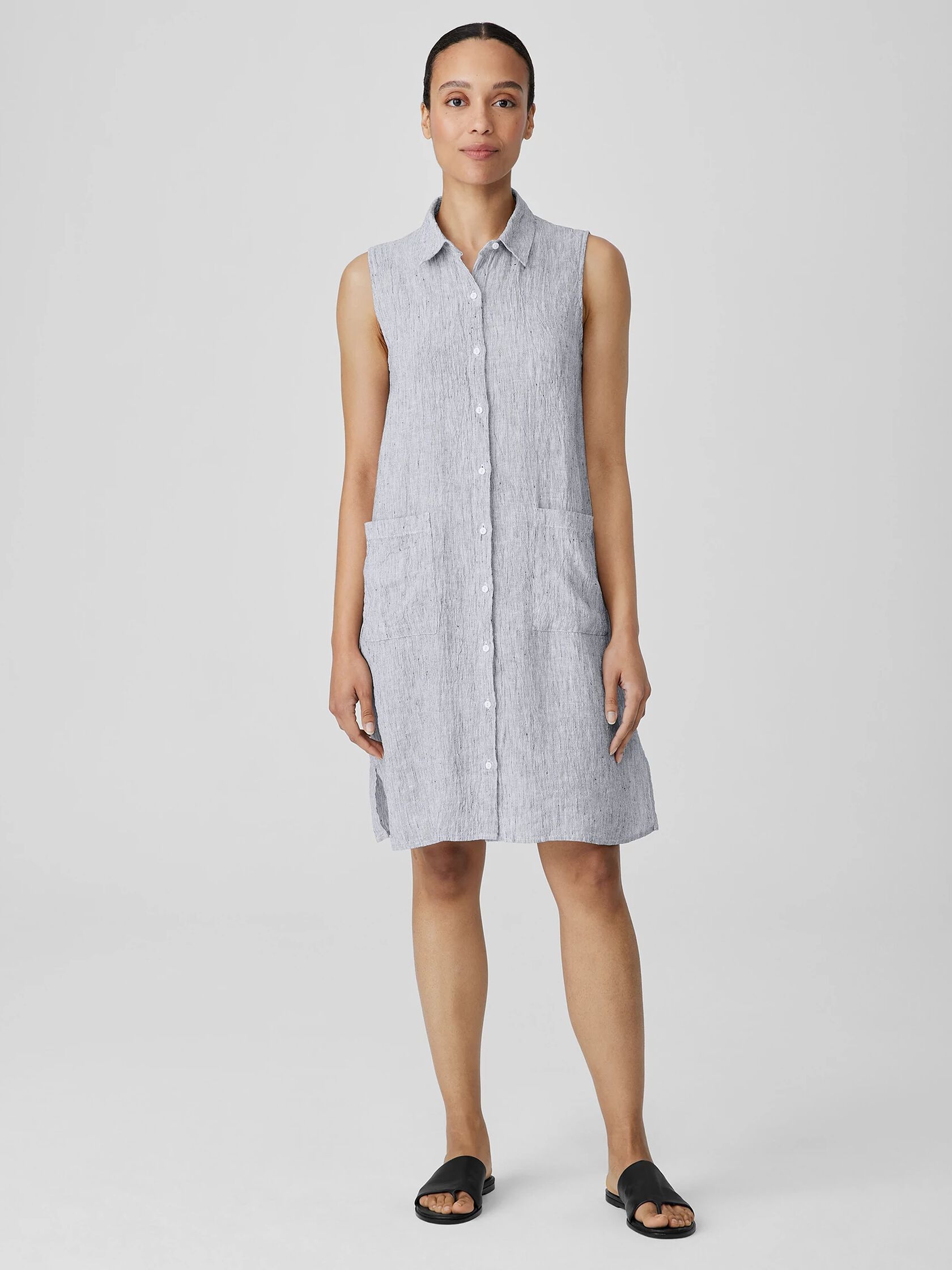 Striped Organic Linen Crinkle Sleeveless Shirtdress