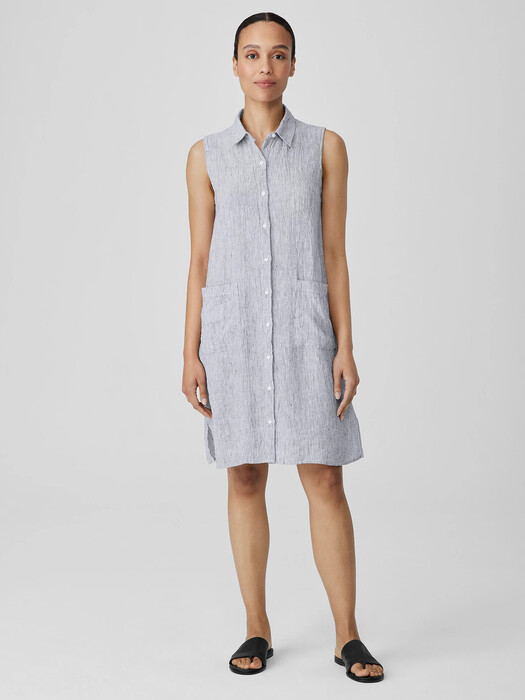 Eileen Fisher Linen Classic Collar Shirtdress - White/Black Eileen Fisher Linen Classic Collar Shirtdress - White/Black