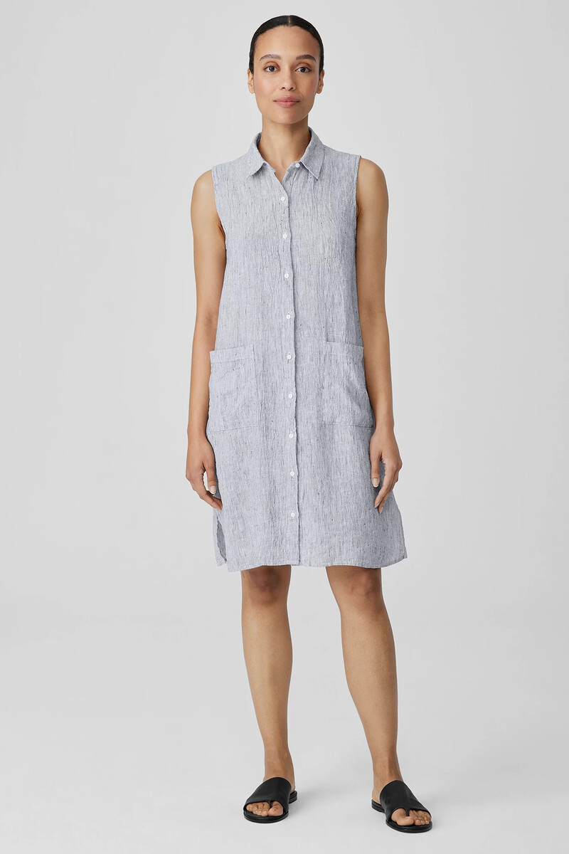 Striped Organic Linen Crinkle Sleeveless Shirtdress Striped Organic Linen Crinkle Sleeveless Shirtdress