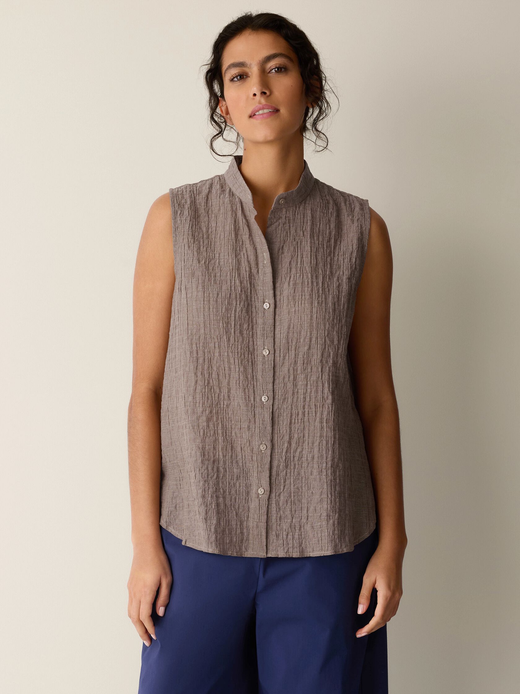 Organic Cotton Microstripe Pucker Sleeveless Shirt