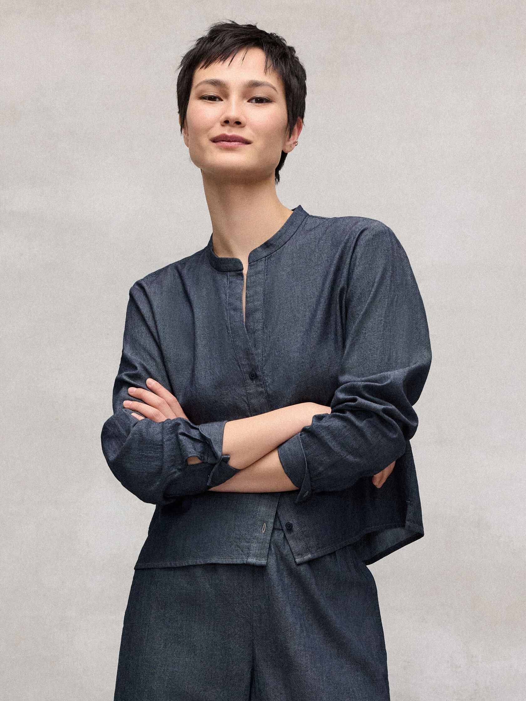 Airy Organic Cotton Twill Band Collar Shirt