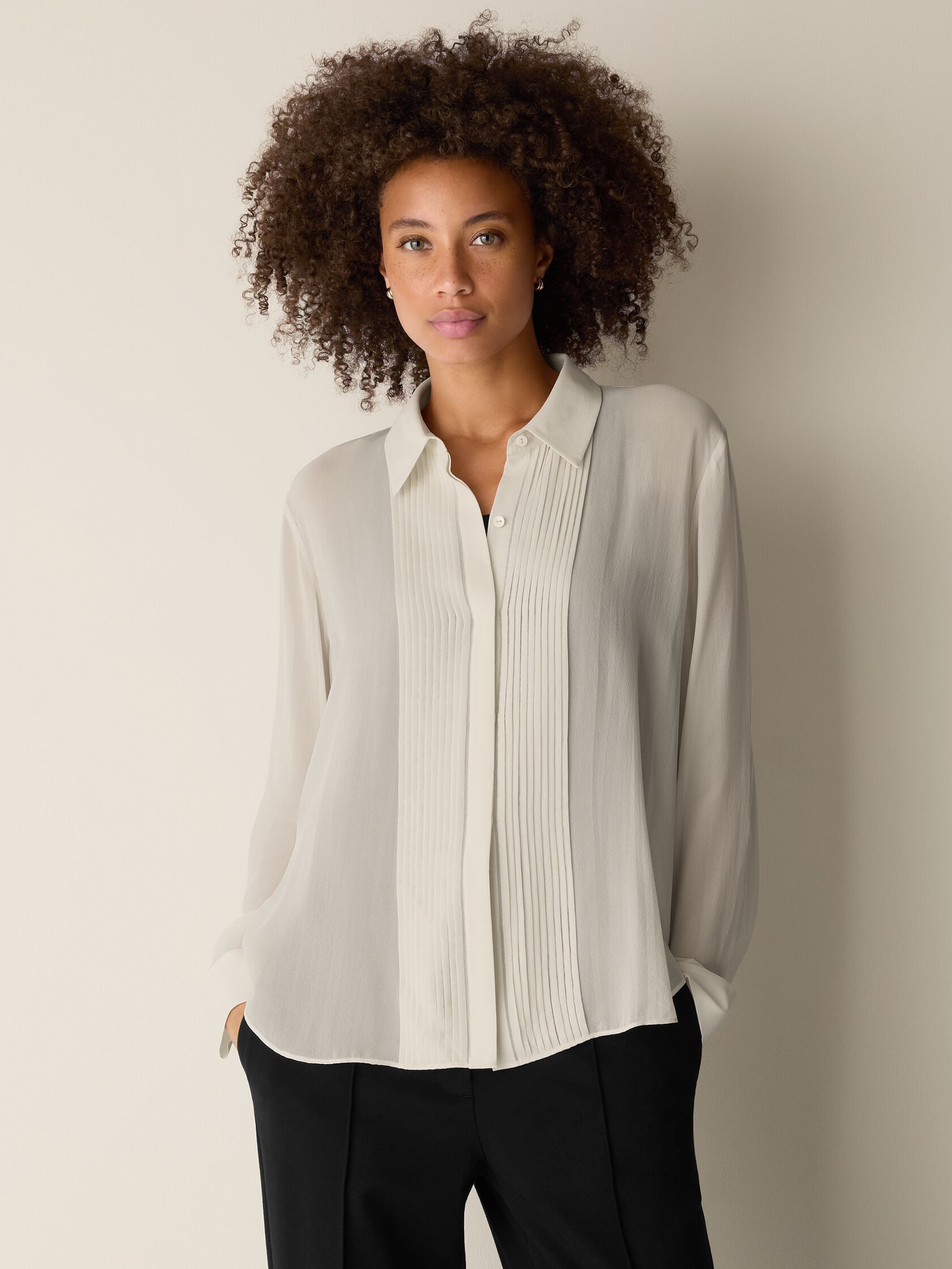 Sheer Silk Georgette Classic Collar Pintuck Shirt