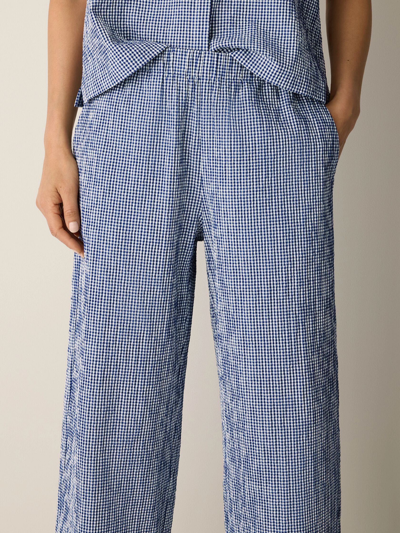 Organic Cotton Pucker Check Wide-Leg Pant