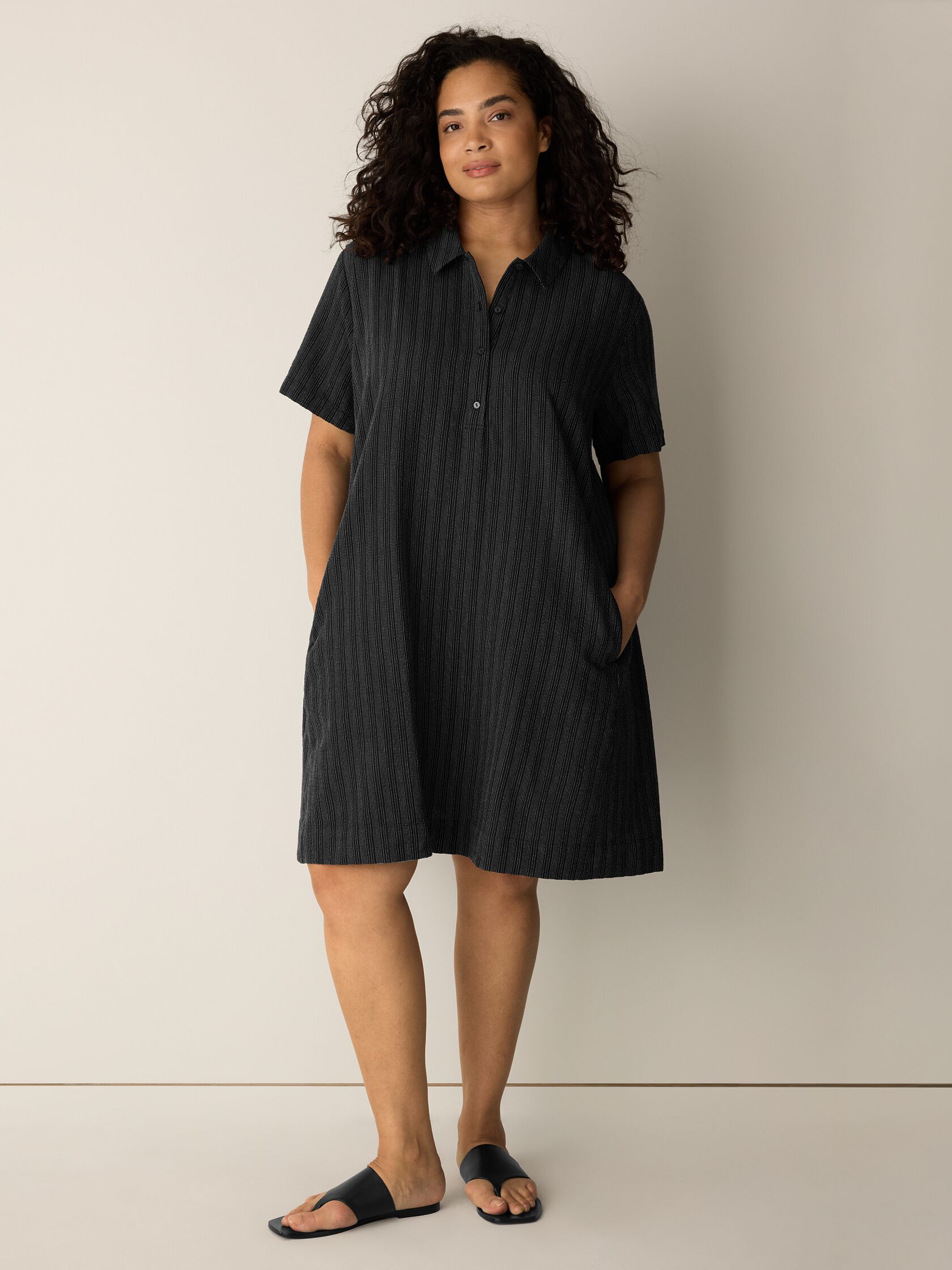 Cotton Blend Stripe Stitch Classic Collar Dress