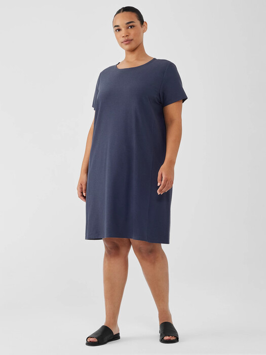 Washable Stretch Crepe Jewel Neck Dress