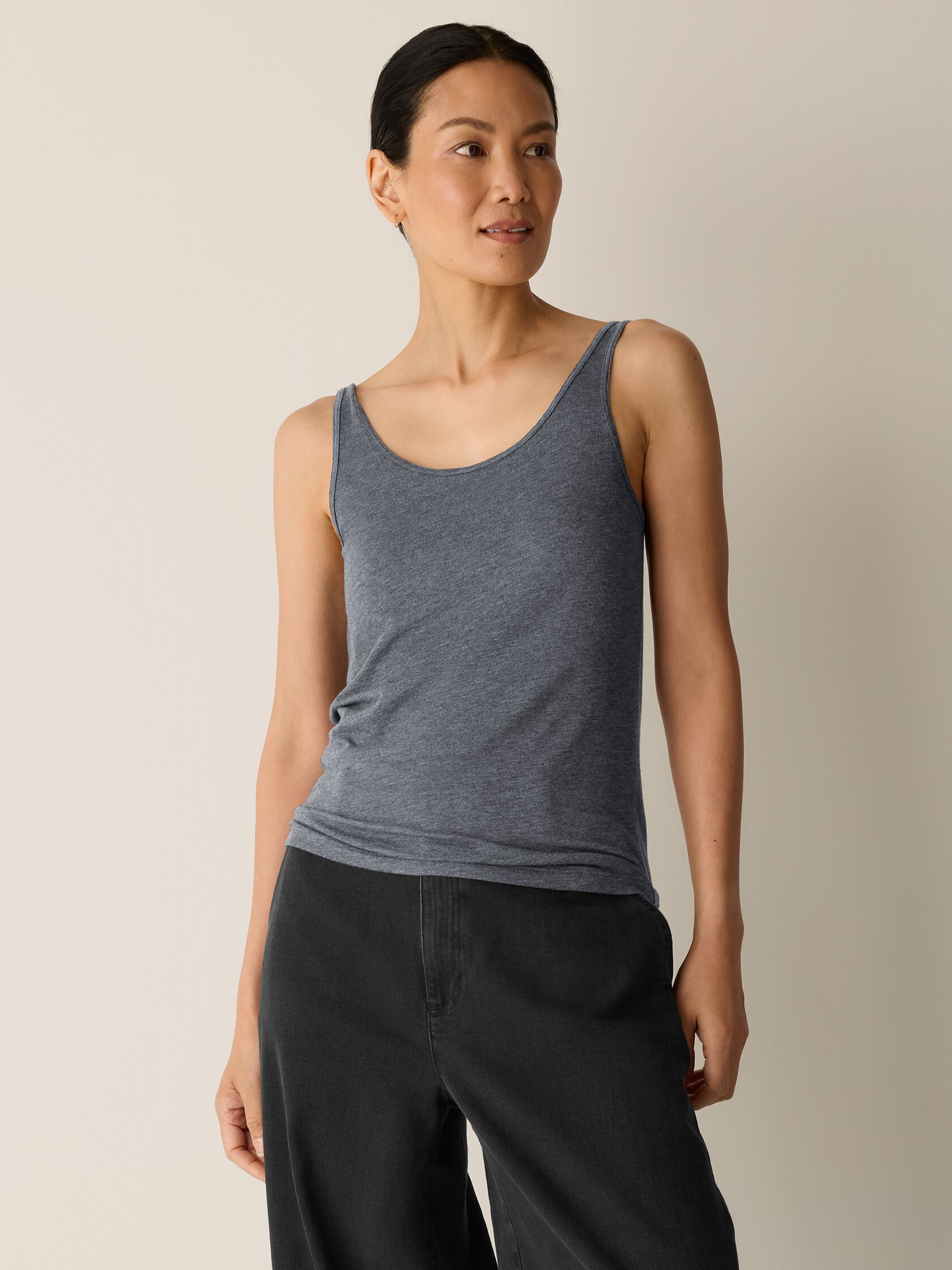 M&eacute;lange Sheer Cotton Blend Knit Scoop Neck Tank