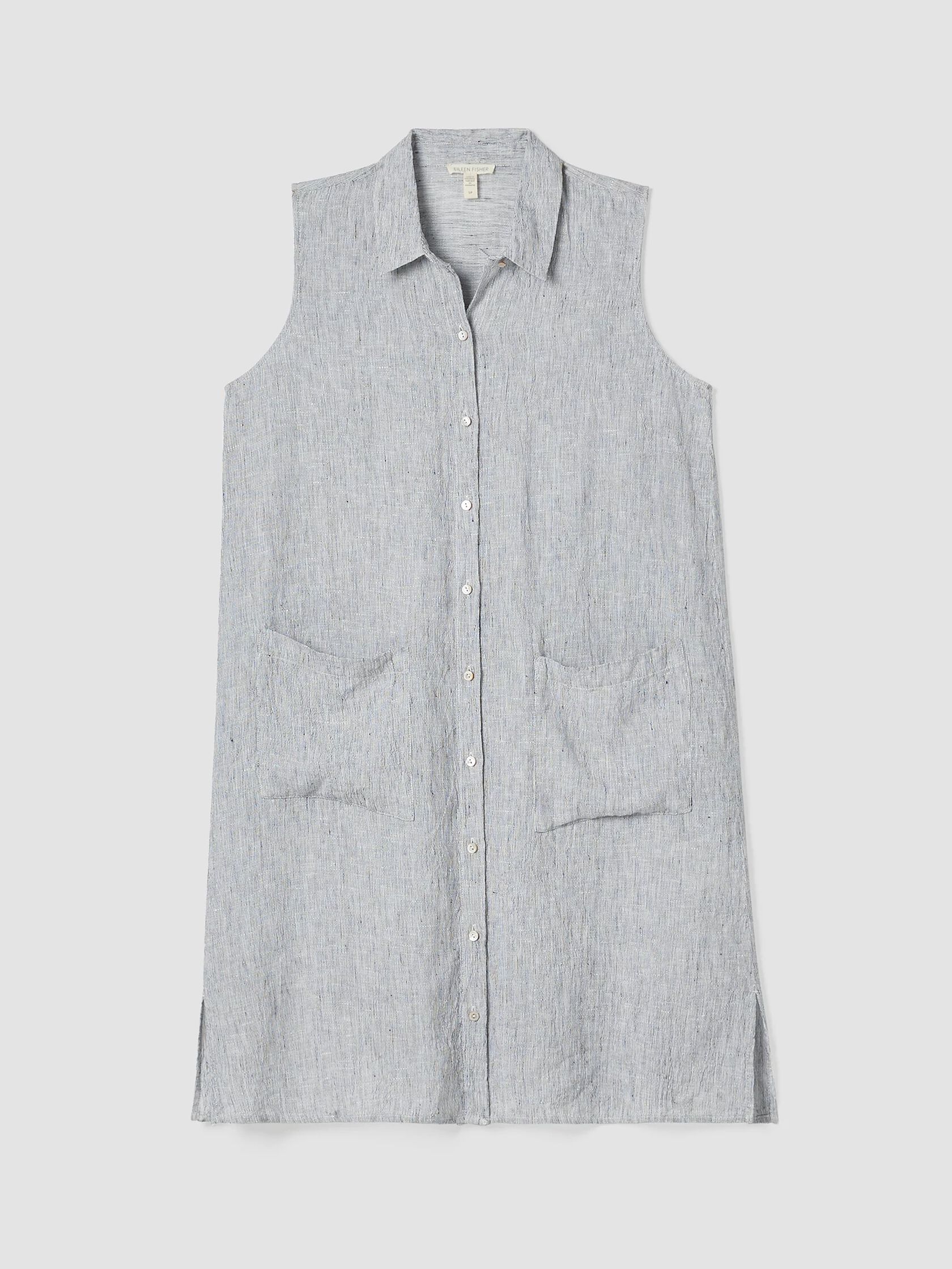 Striped Organic Linen Crinkle Sleeveless Shirtdress