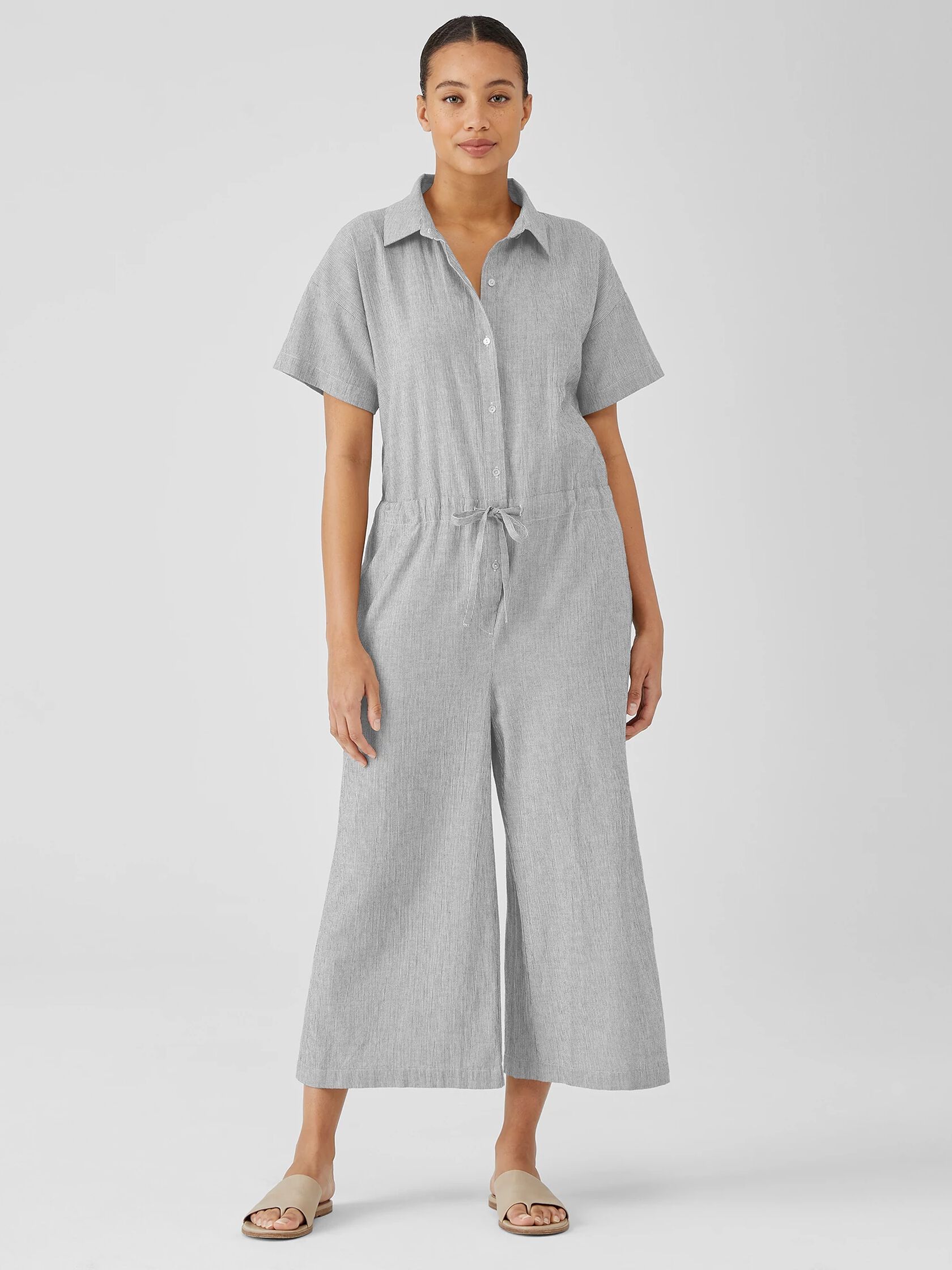 Organic Cotton Linen Ticking Stripe Jumpsuit