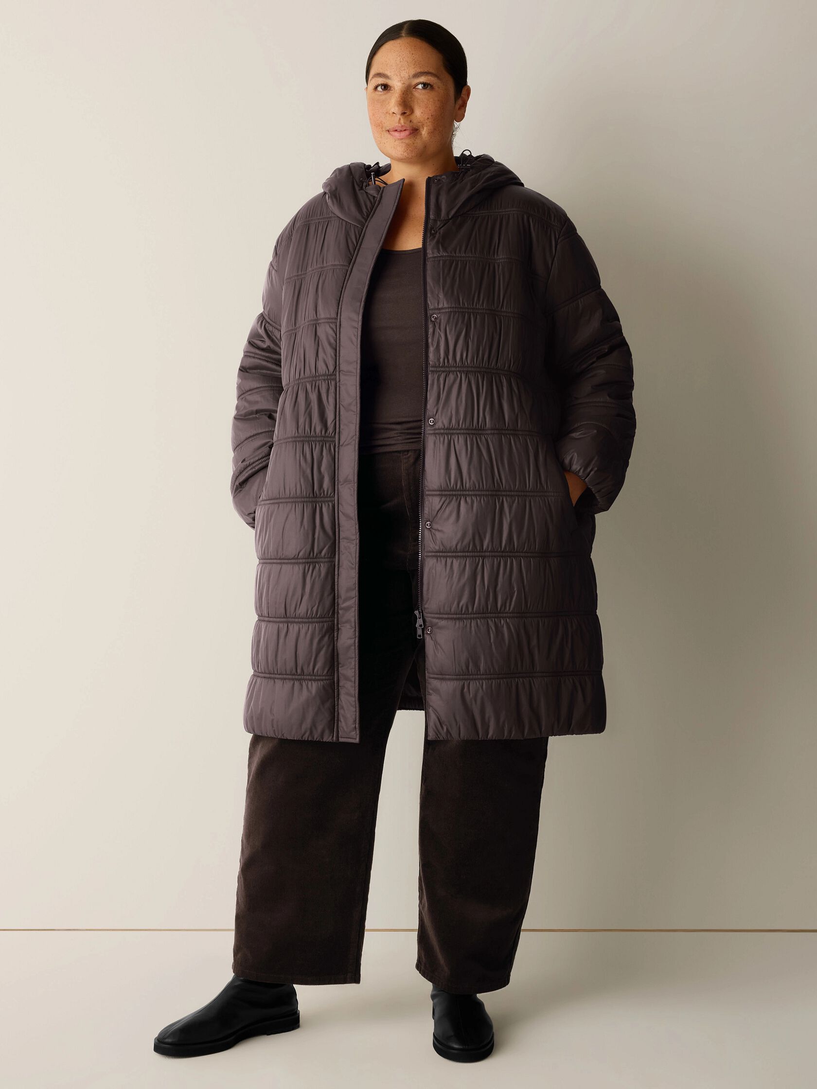 Eggshell Recycled Nylon Hooded Quilted Coat