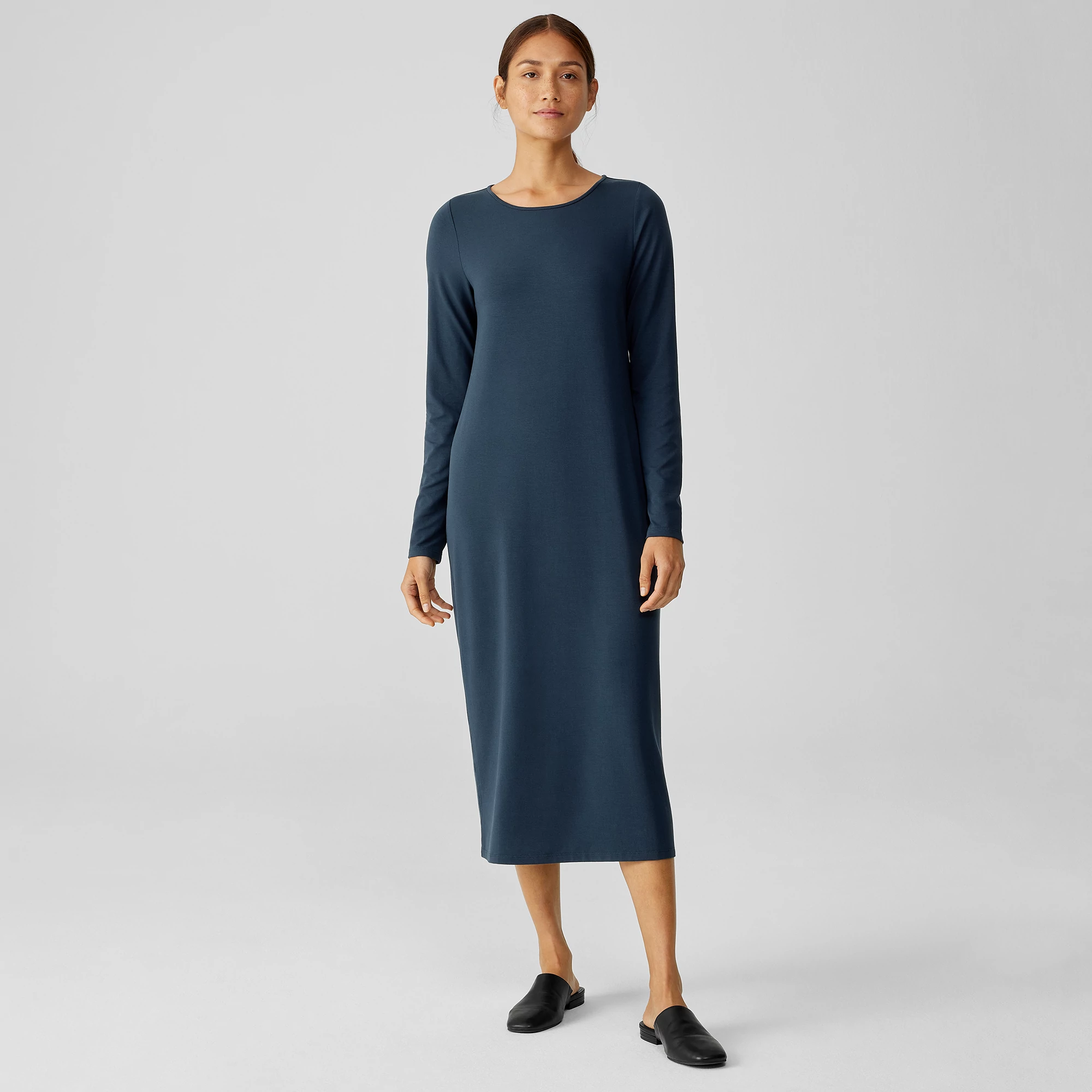 Stretch Jersey Knit Jewel Neck Dress 