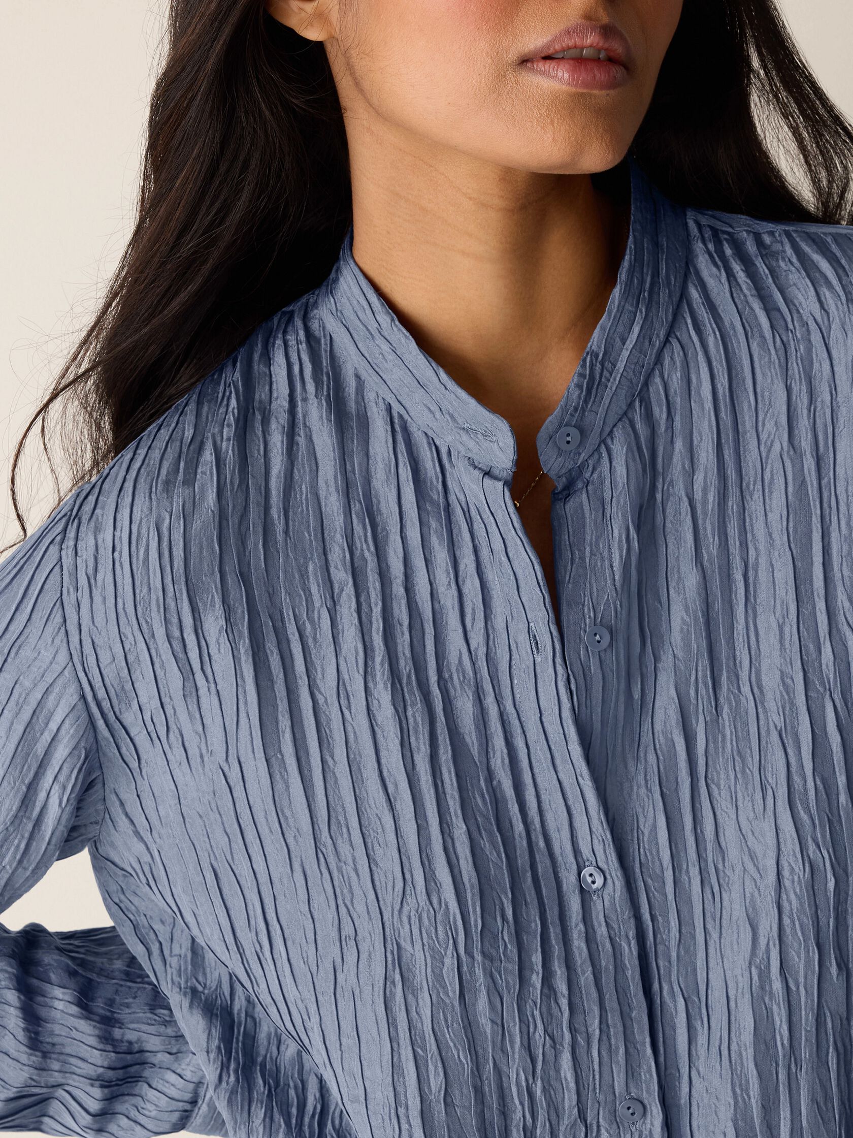 Textured Silk Jacquard Band Collar Shirt