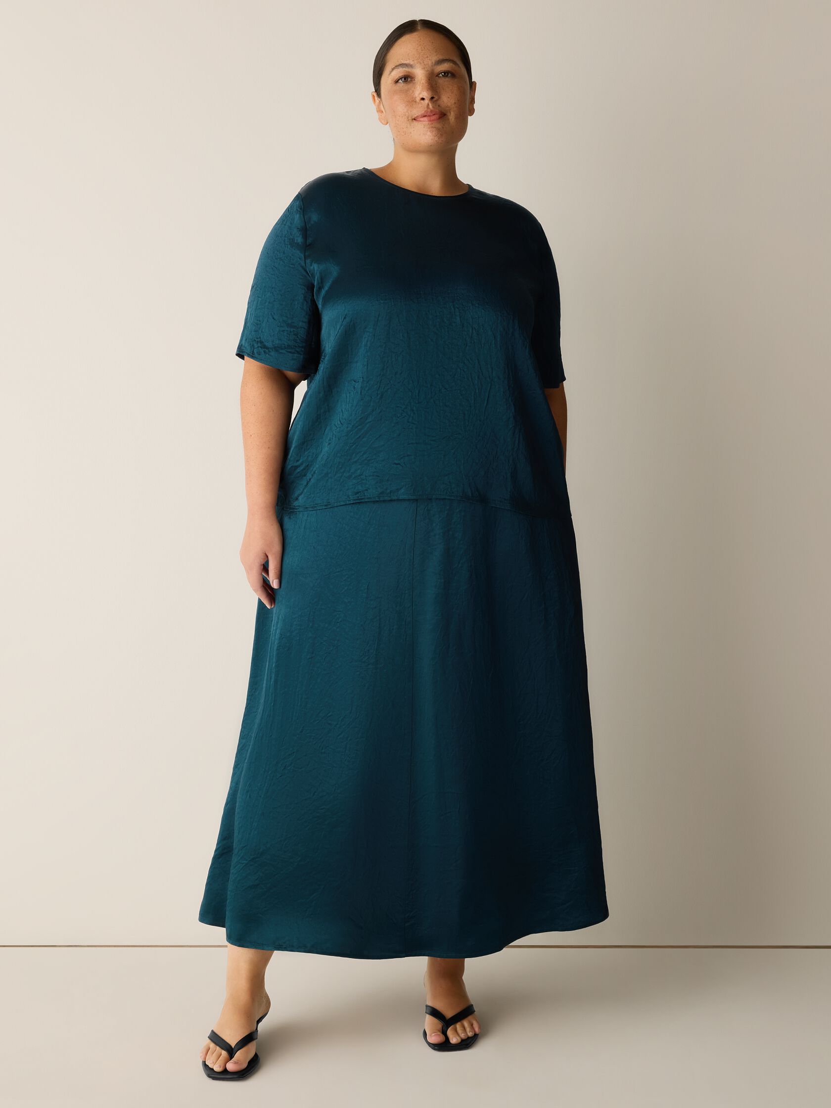 Textured Satin Round Neck Elbow-Sleeve Top