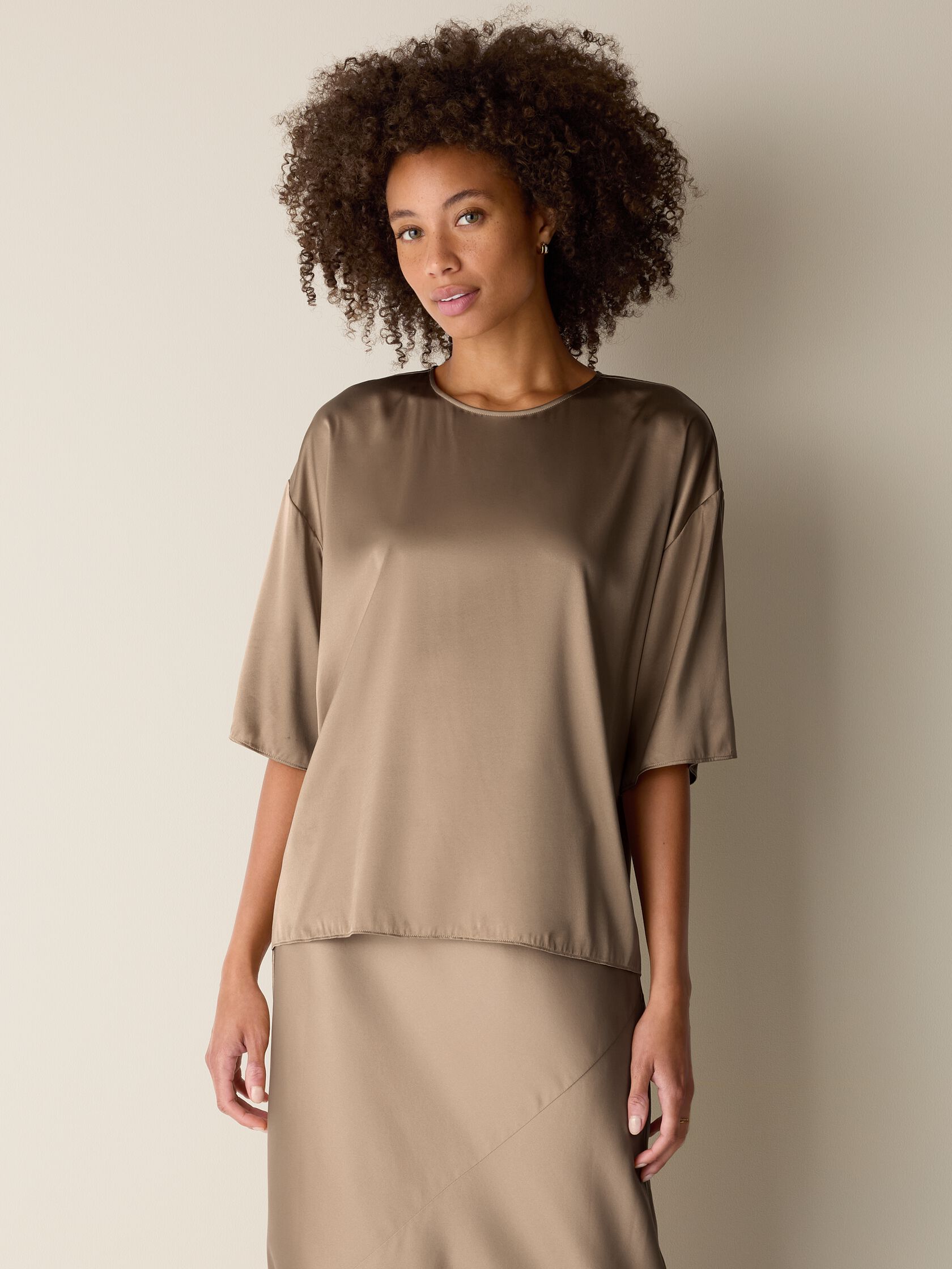 Stretch Silk Charmeuse Round Neck Top