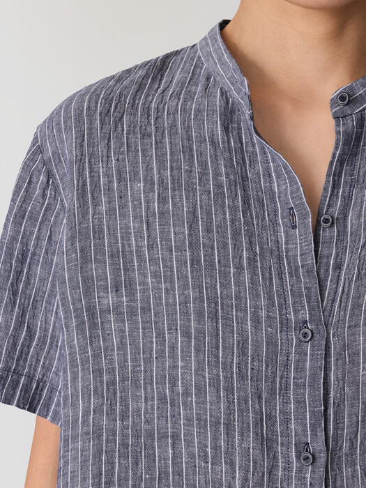 Puckered Organic Linen Band Collar Shirt