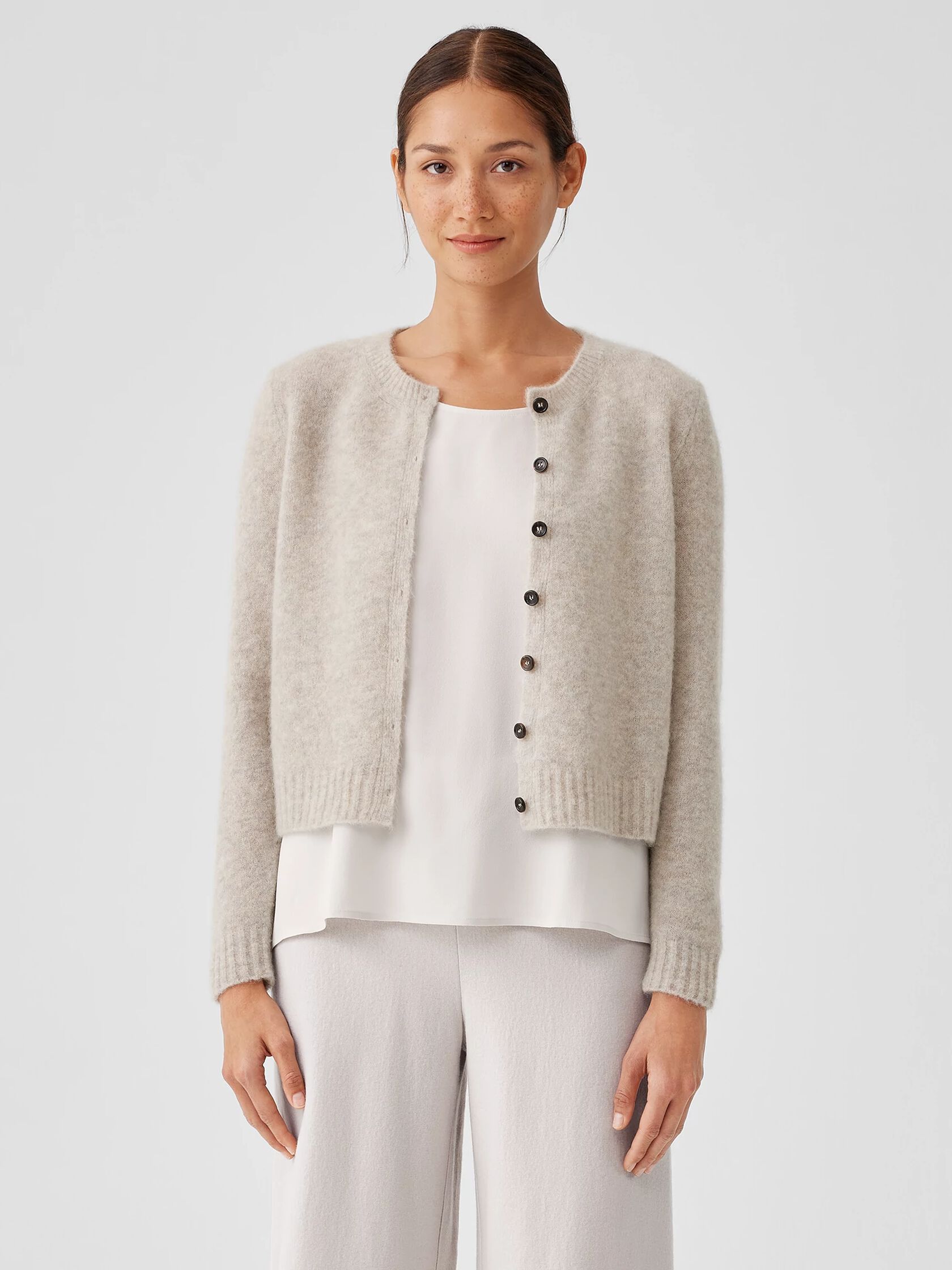 Mohair Plush Mélange Crew Neck Cardigan