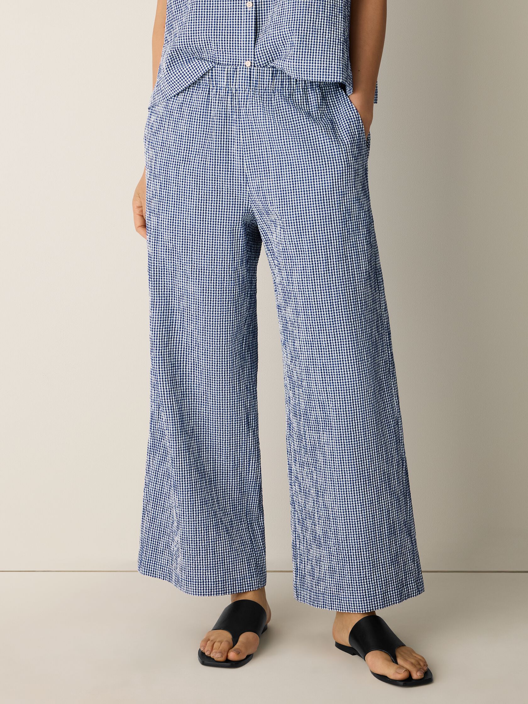 Organic Cotton Pucker Check Wide-Leg Pant