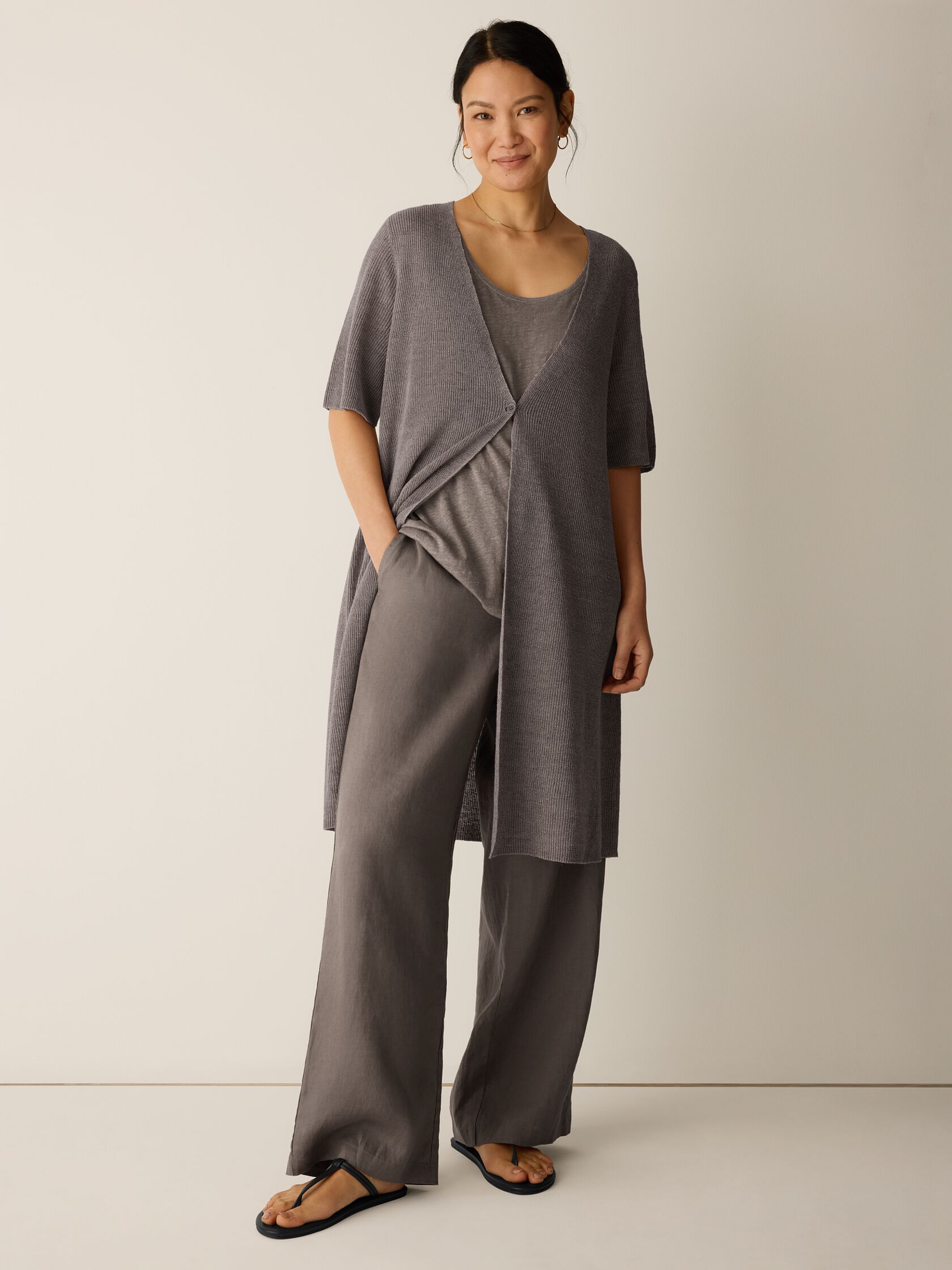 Organic Linen D&eacute;lav&eacute; V-Neck Long Cardigan
