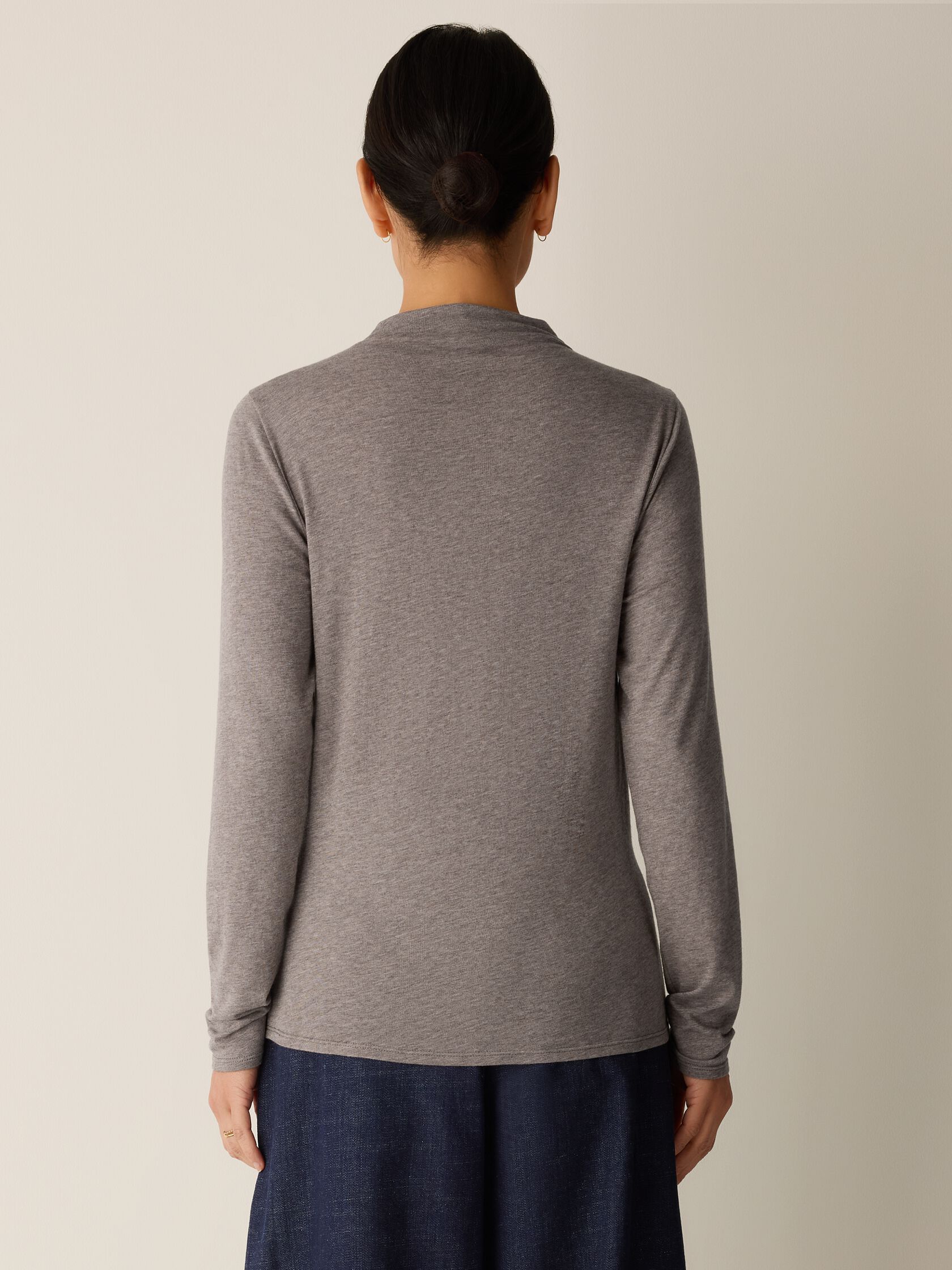 M&eacute;lange Sheer Cotton Blend Knit Funnel Neck Top