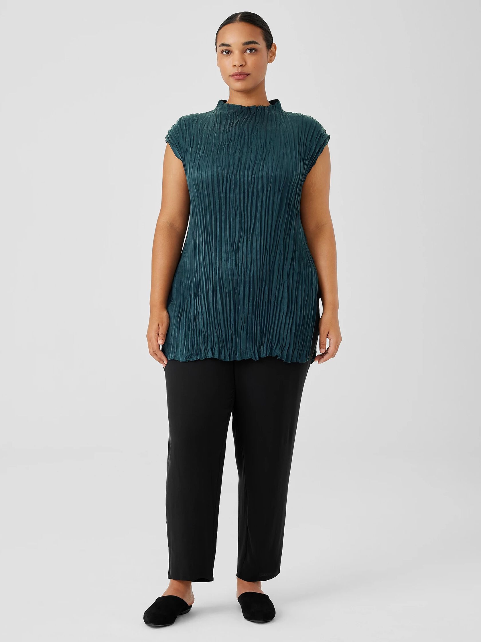 Crushed Cupro Funnel Neck Long Top