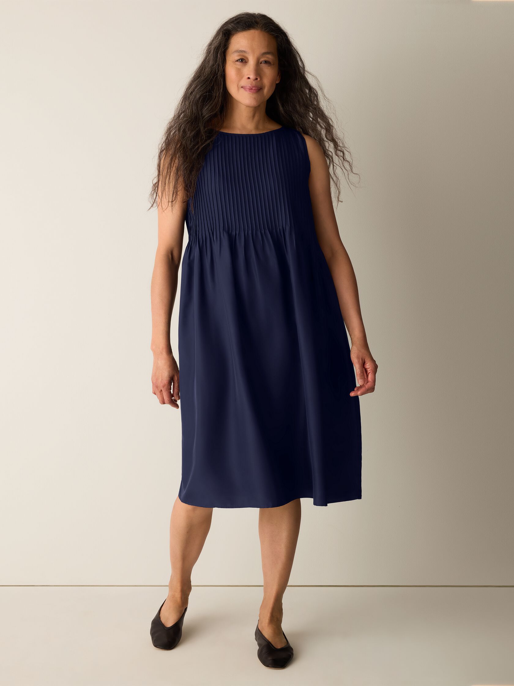 Pleated Silk Bateau Neck Dress