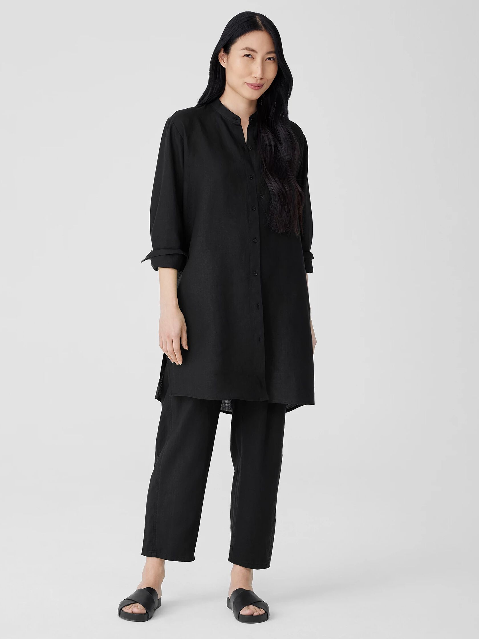 Handkerchief Linen Mandarin Collar Long Shirt