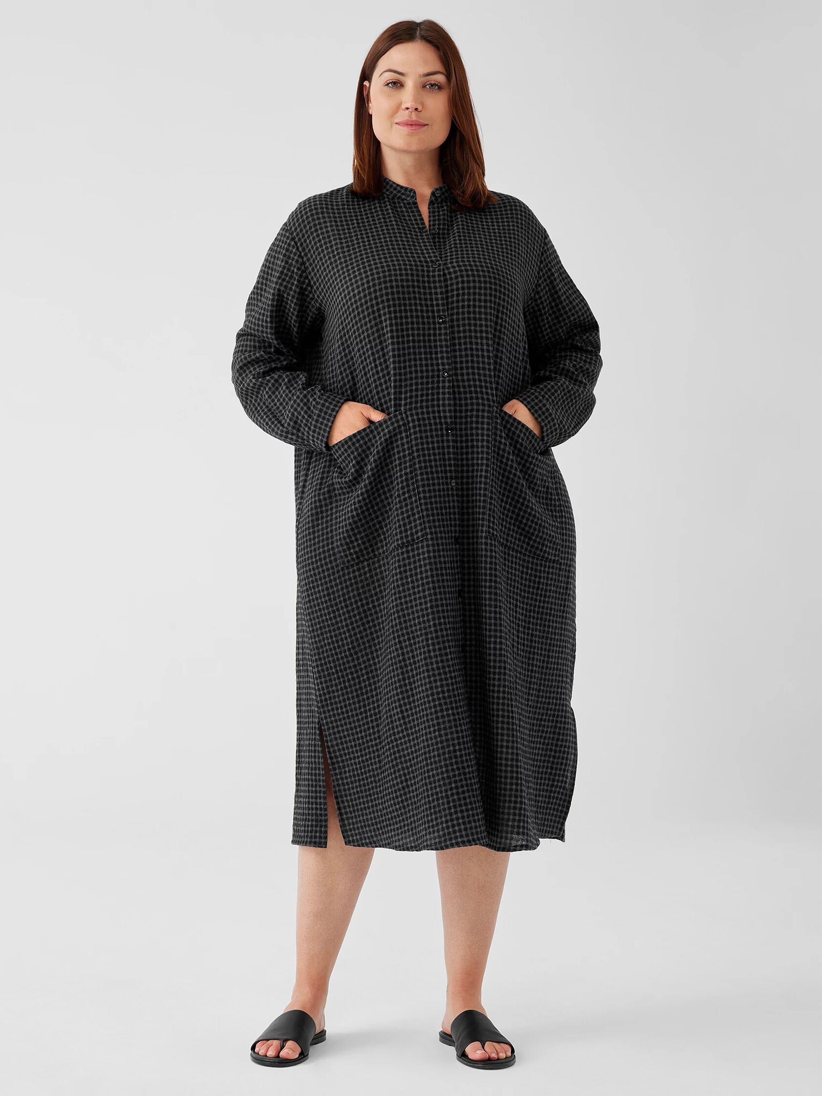 Wool Cotton Check Mandarin Collar Shirtdress