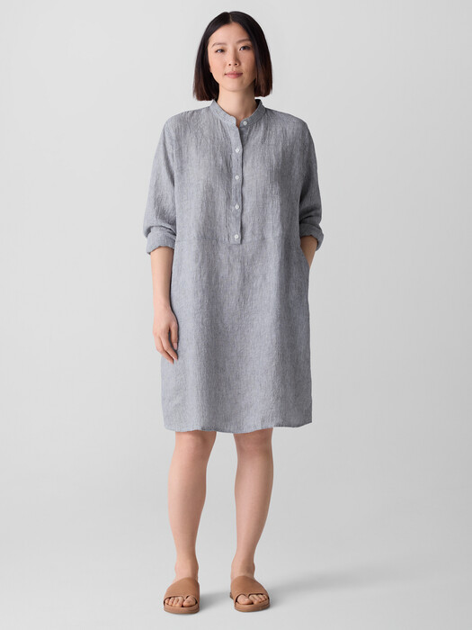 Puckered Organic Linen Stripe Band Collar Shirtdress