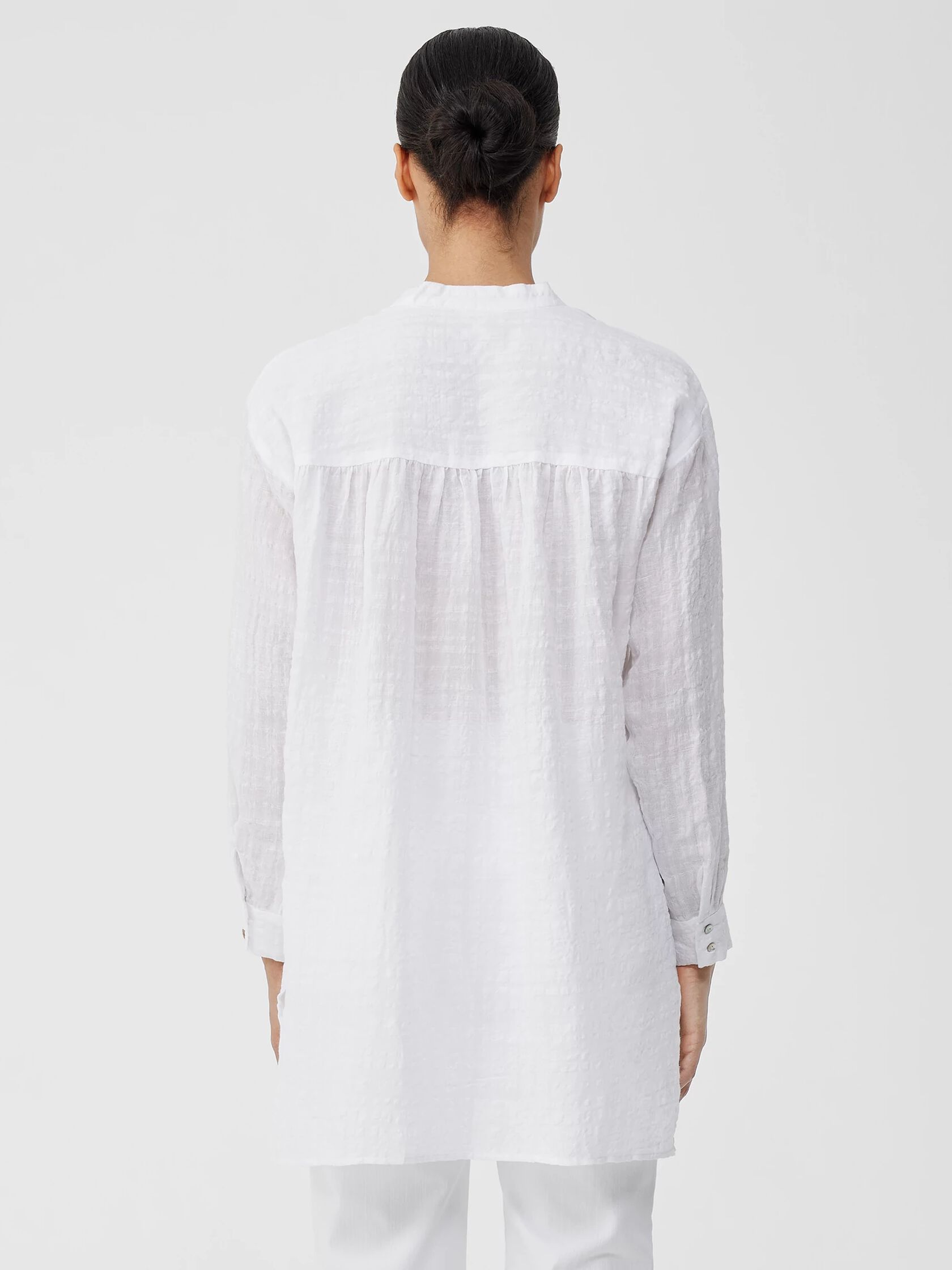 Linen Cotton Sheer Check Mandarin Collar Long Shirt