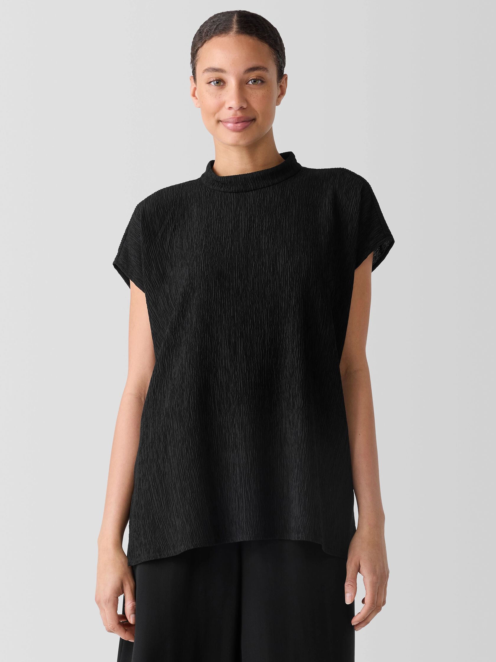 Woven Plissé Mock Neck Top