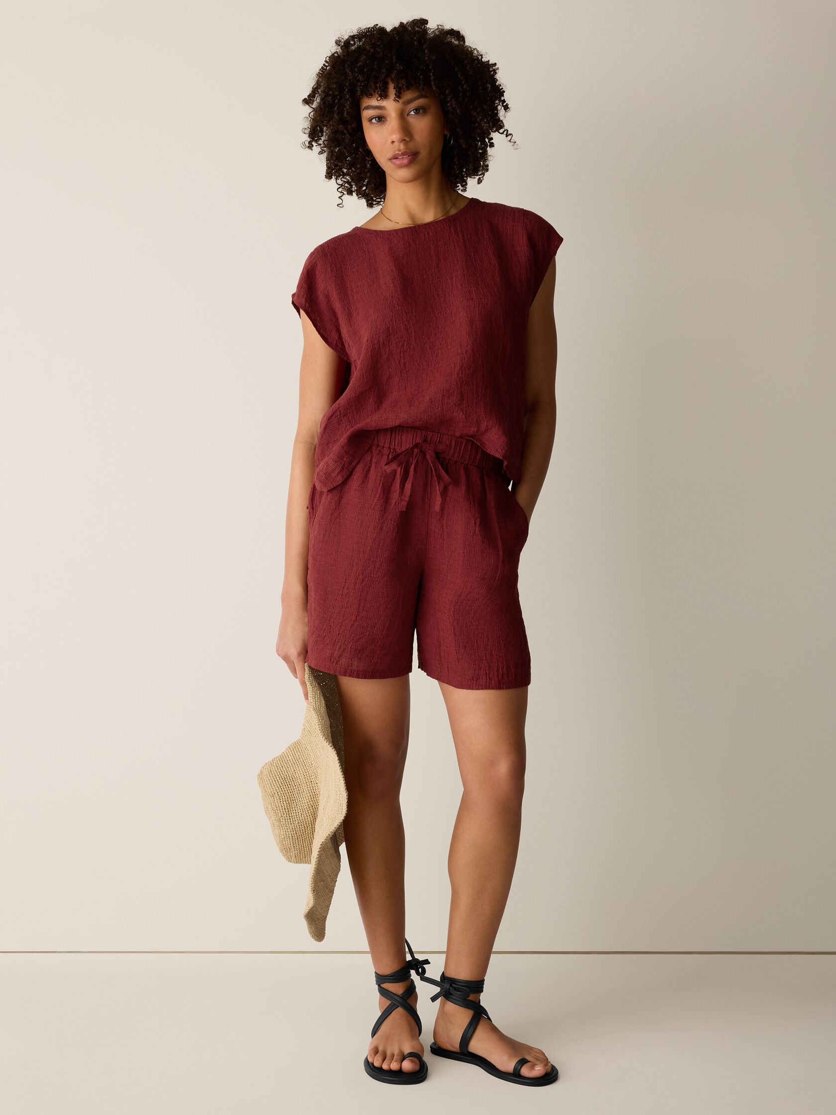 Puckered Organic Linen Stripe Shorts